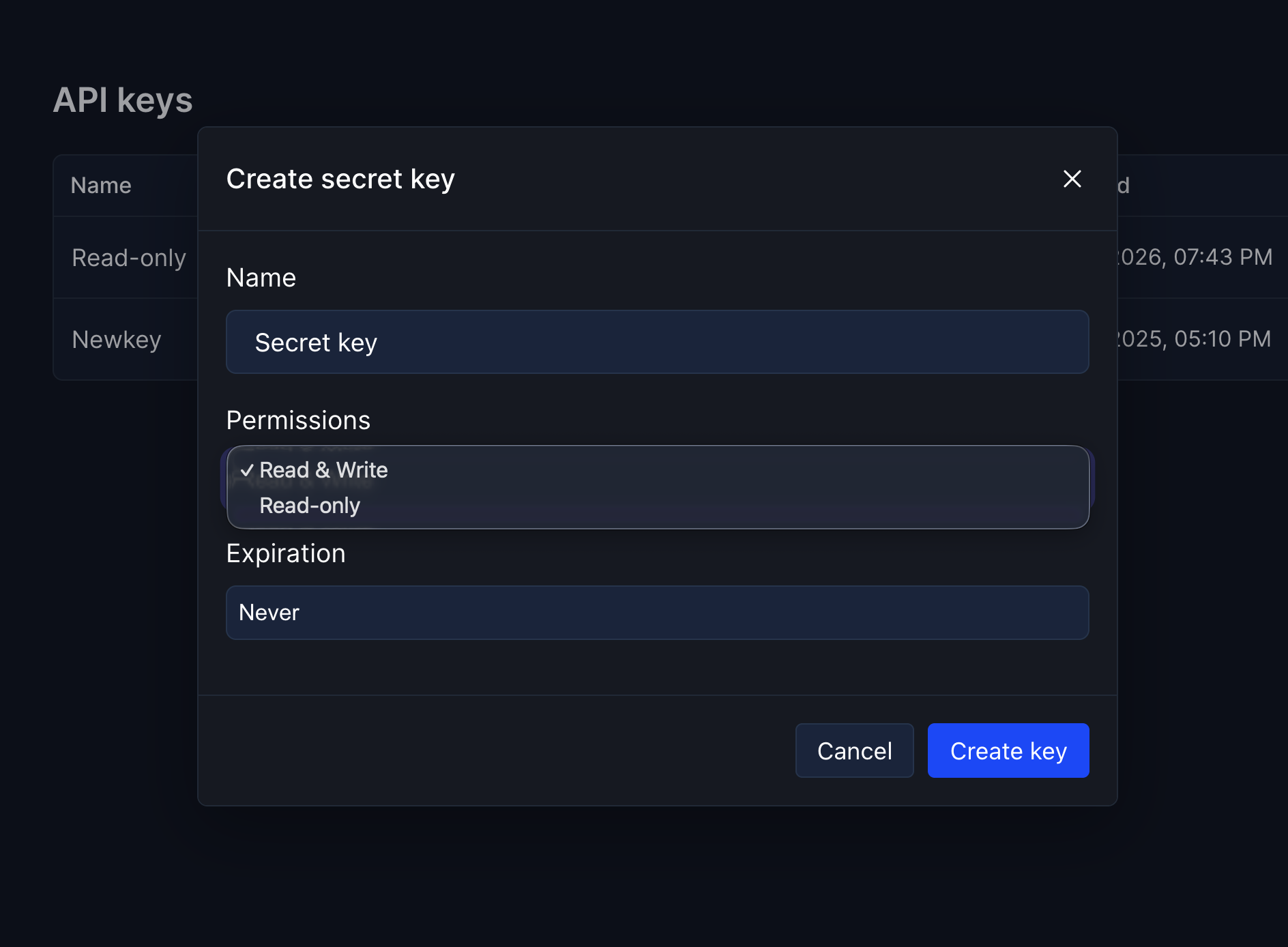 Create API key modal