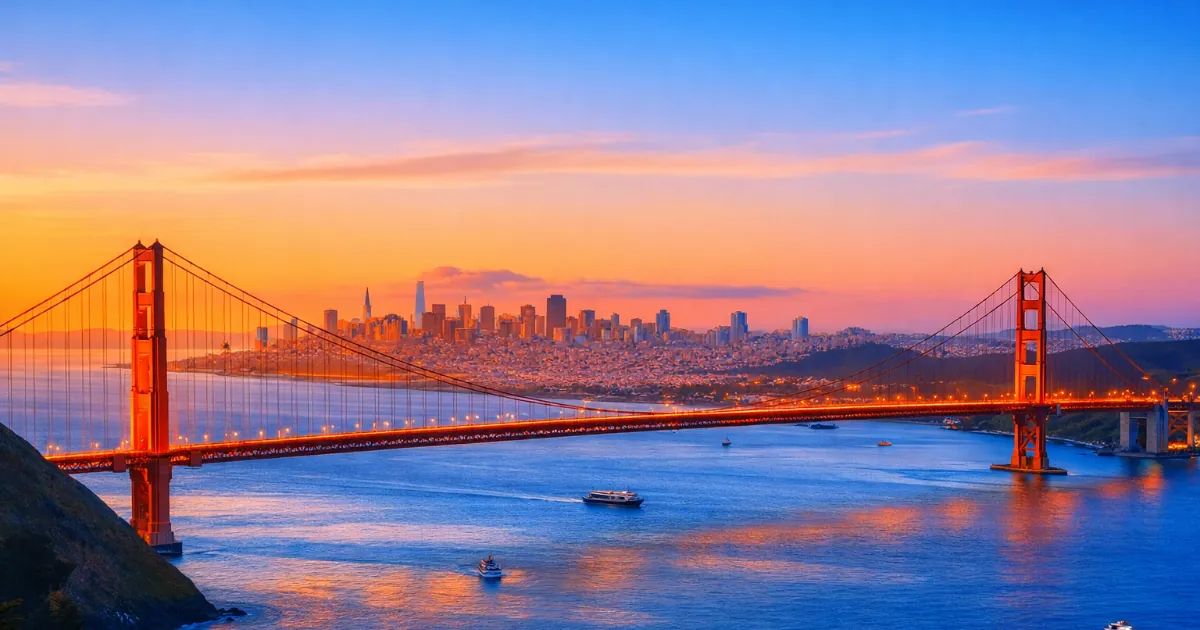 De Golden Gate Bridge bij zonsondergang, uit de terugblik van Silverfort op de RSAC Conference.