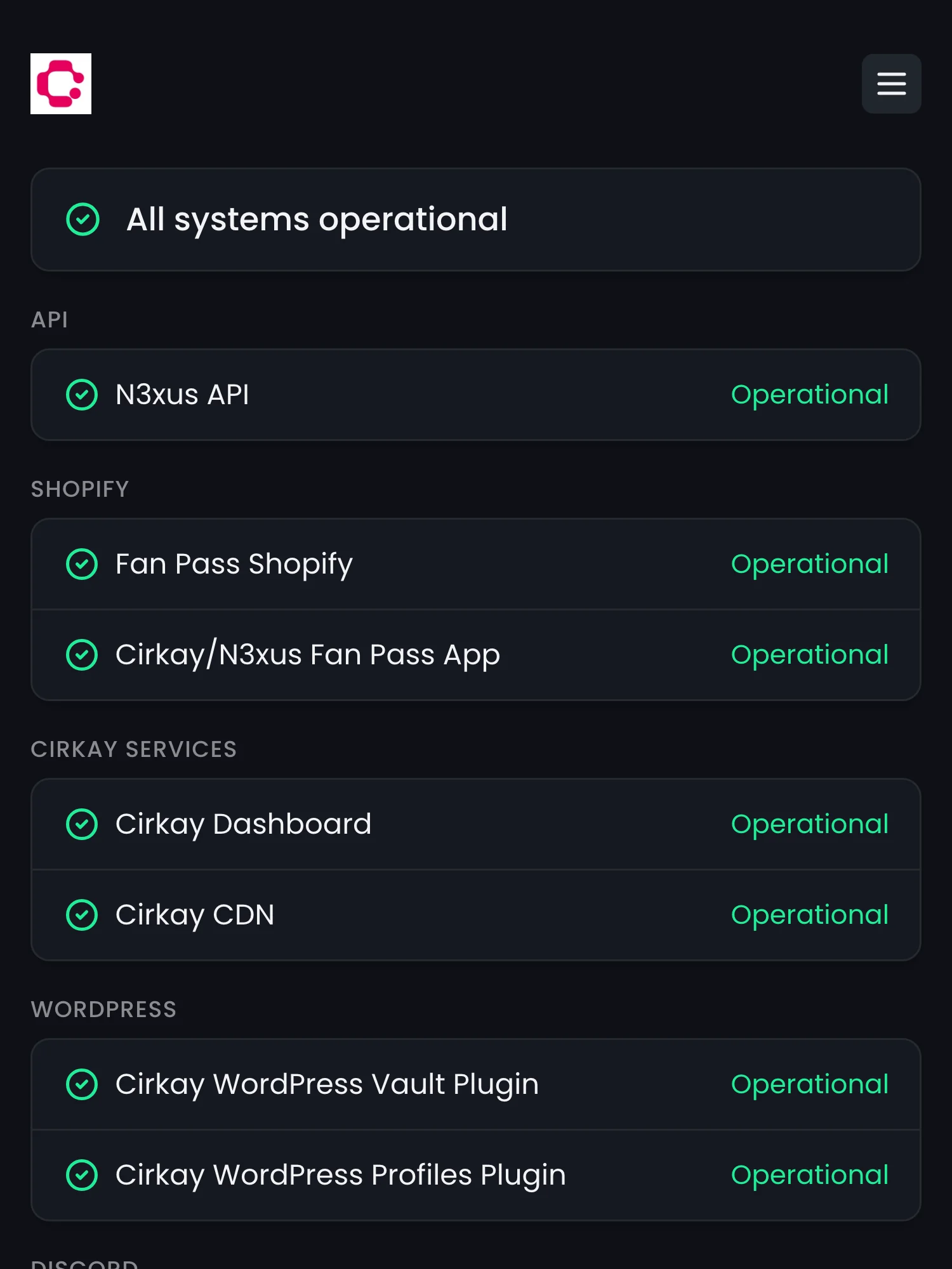 Statusseite von Cirkay auf Hyperping, betreut von Push Entertainment auf deren Support-Domain: alle Systeme betriebsbereit, mit API, Shopify-Fan-Pass, Cirkay-Diensten und WordPress-Plugins.