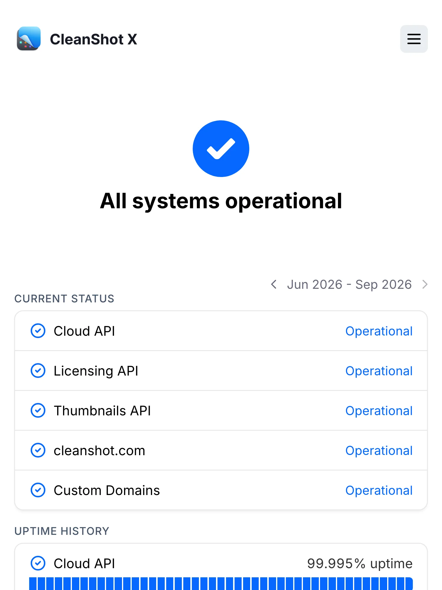 Statuspagina van CleanShot X op Hyperping: alle systemen operationeel, met een overzicht van de API’s voor cloud, licenties en thumbnails.