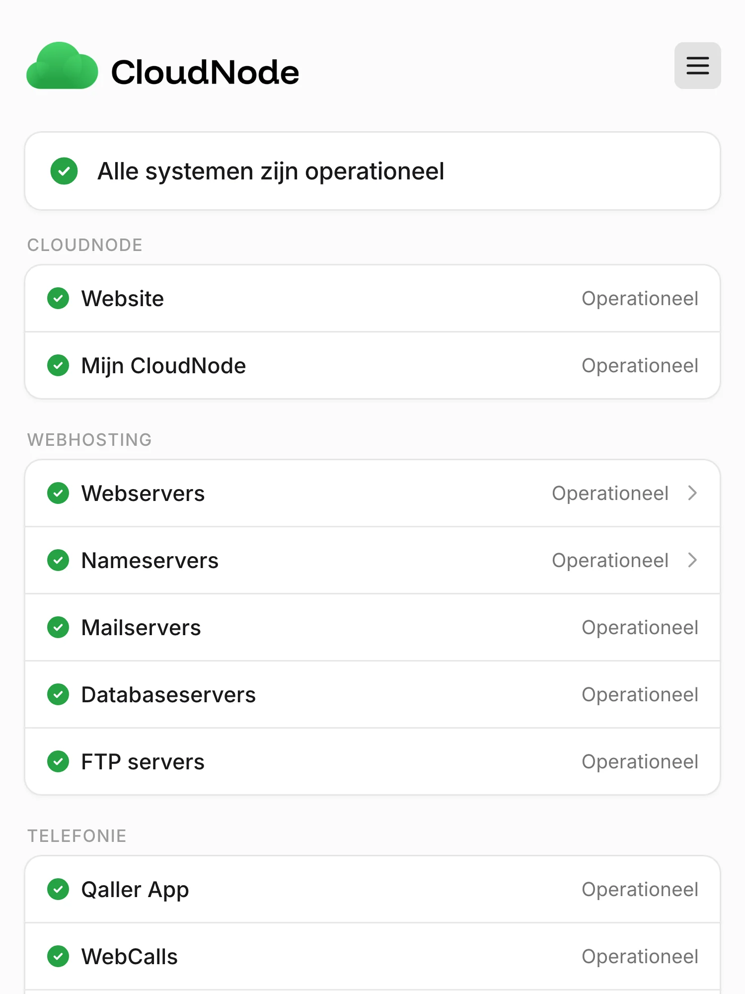 Statusseite von CloudNode auf Hyperping, auf Niederländisch: alle Systeme betriebsbereit, mit Website und Kundenportal, dann Web-, Name-, Mail-, Datenbank- und FTP-Server, dann Telefonie.
