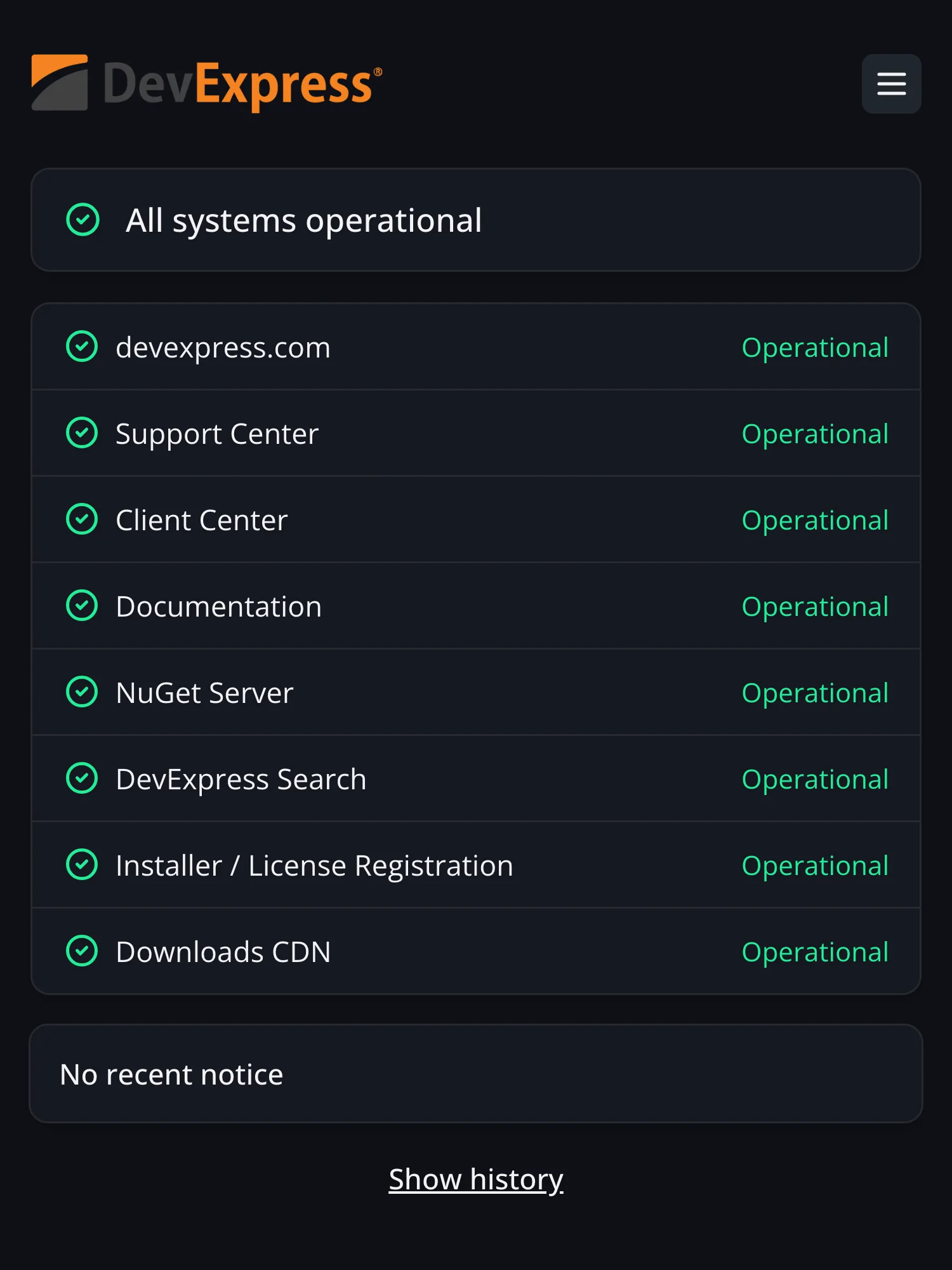 Statuspagina van DevExpress op Hyperping: alle systemen operationeel, met devexpress.com en de support- en klantcentra.