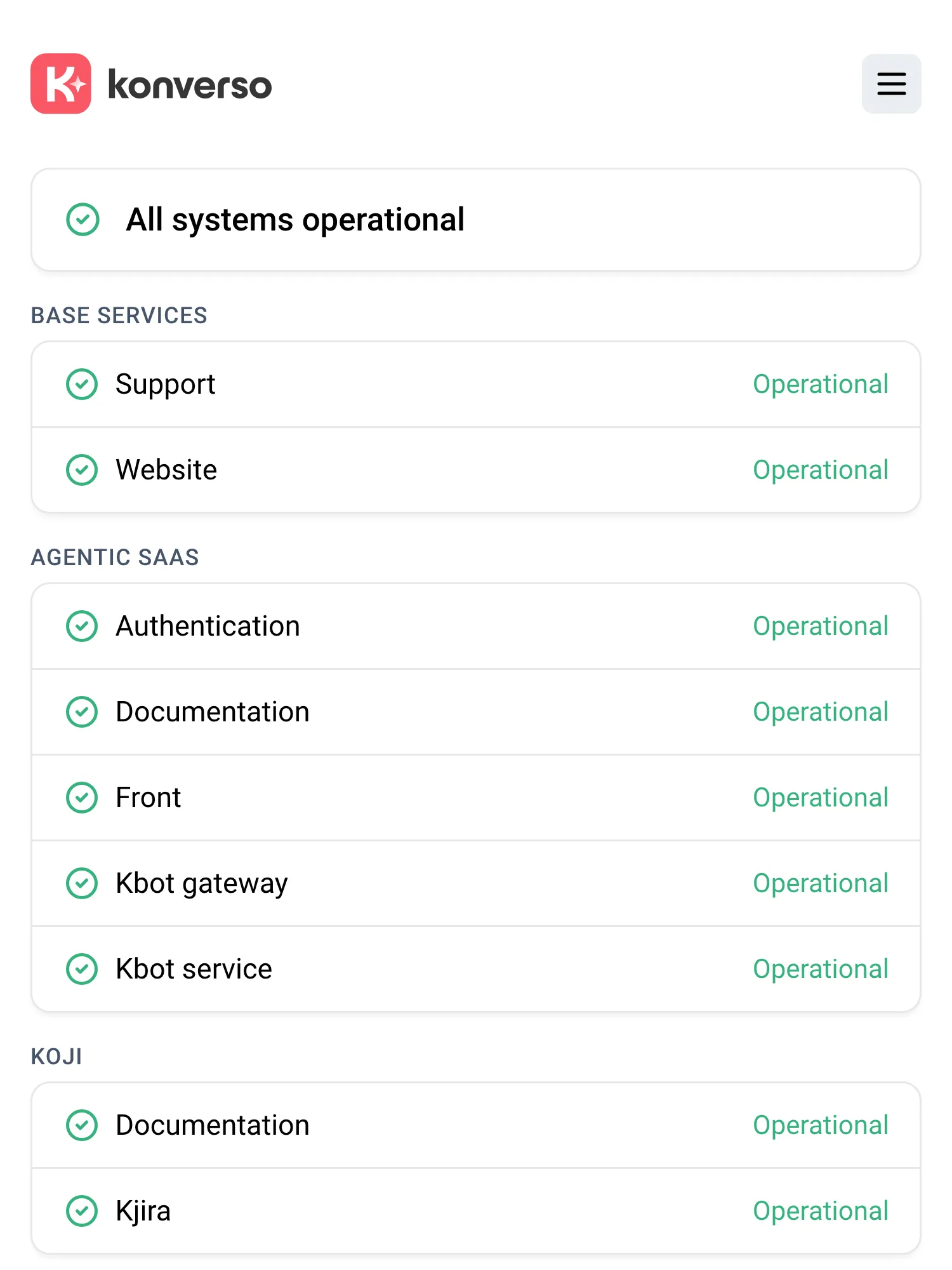 Konverso status page on Hyperping: all systems operational, with base services, an agentic SaaS group from authentication to the Kbot service, and Koji.