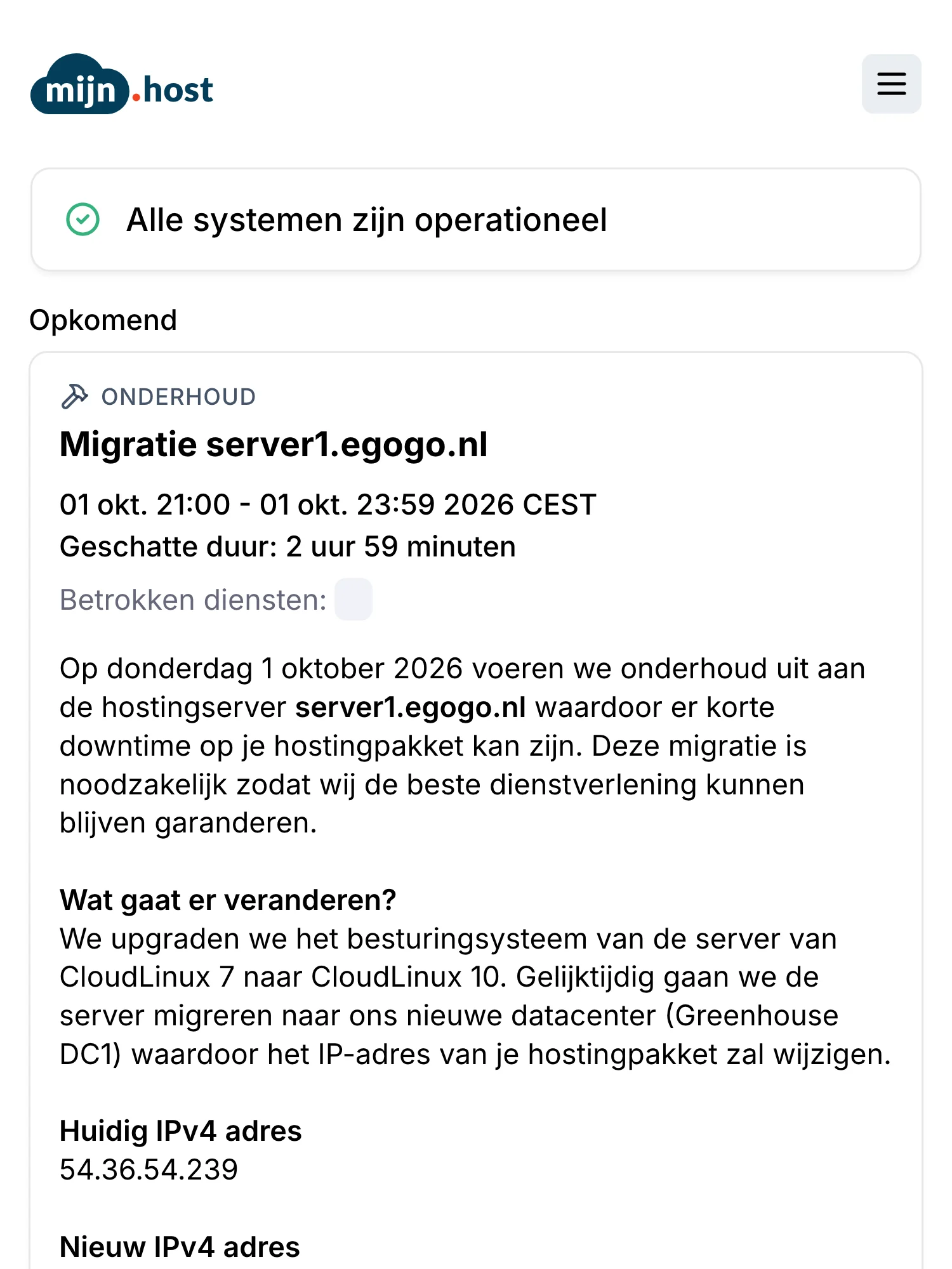 Statusseite von mijn.host auf Hyperping, auf Niederländisch: alle Systeme betriebsbereit, mit einer anstehenden Wartung, die einen Hosting-Server in ein neues Rechenzentrum umzieht, samt Datum, erwarteter Dauer und neuer IP-Adresse.