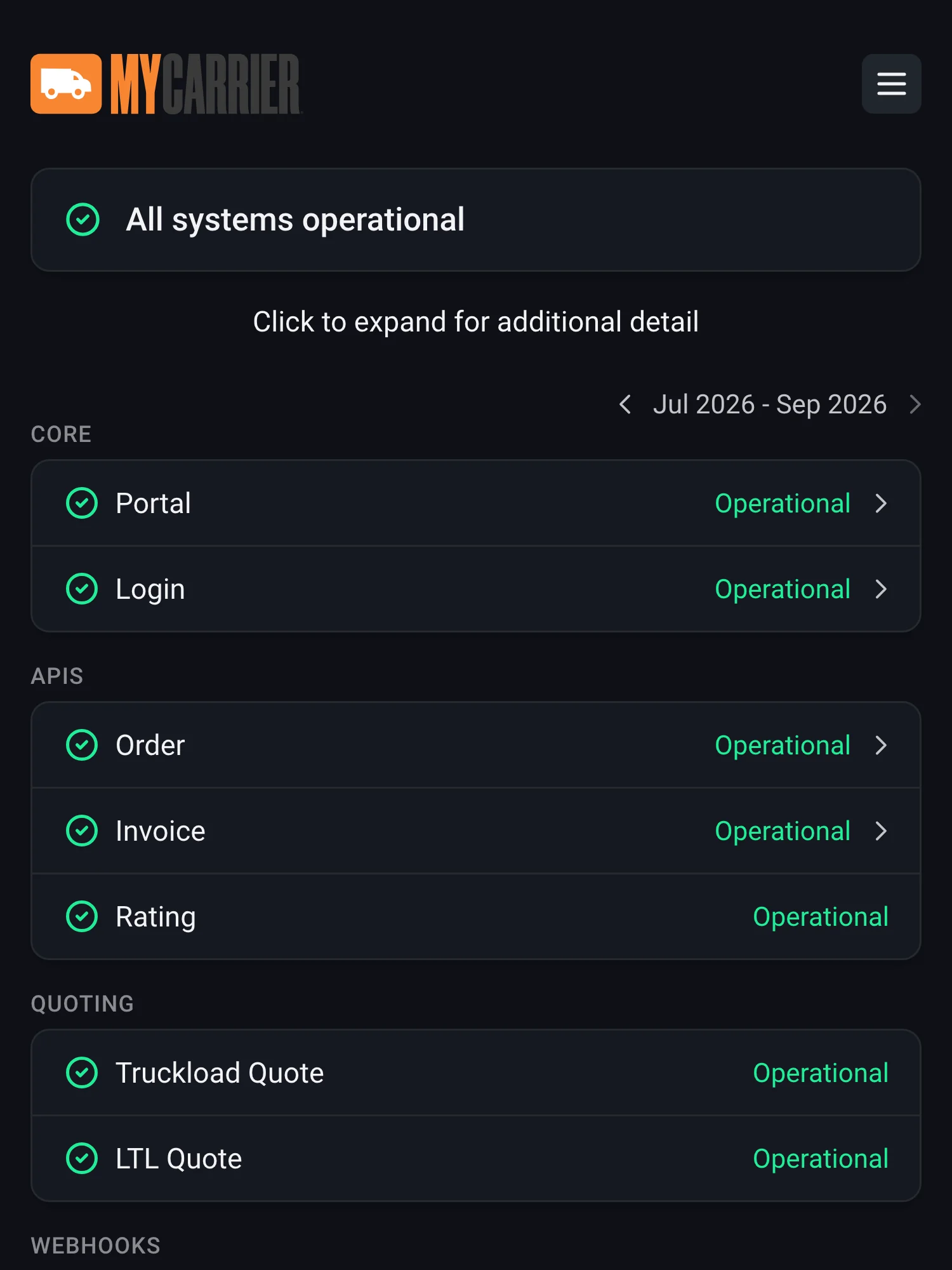 Statusseite von MyCarrier auf Hyperping: alle Systeme in Betrieb, mit Portal und Login, dann den APIs für Aufträge, Rechnungen und Tarifierung sowie Angeboten für Komplett- und Teilladungen (LTL).
