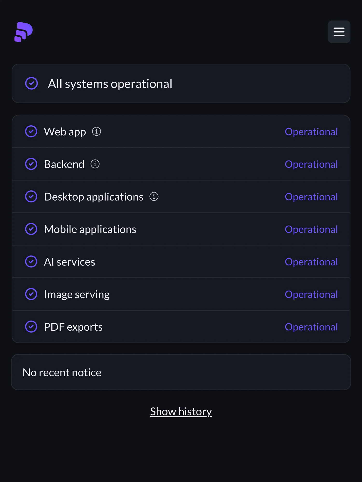 Statuspagina van Pitch op Hyperping: alle systemen operationeel, met een overzicht van de webapp, de backend en de desktopapps.
