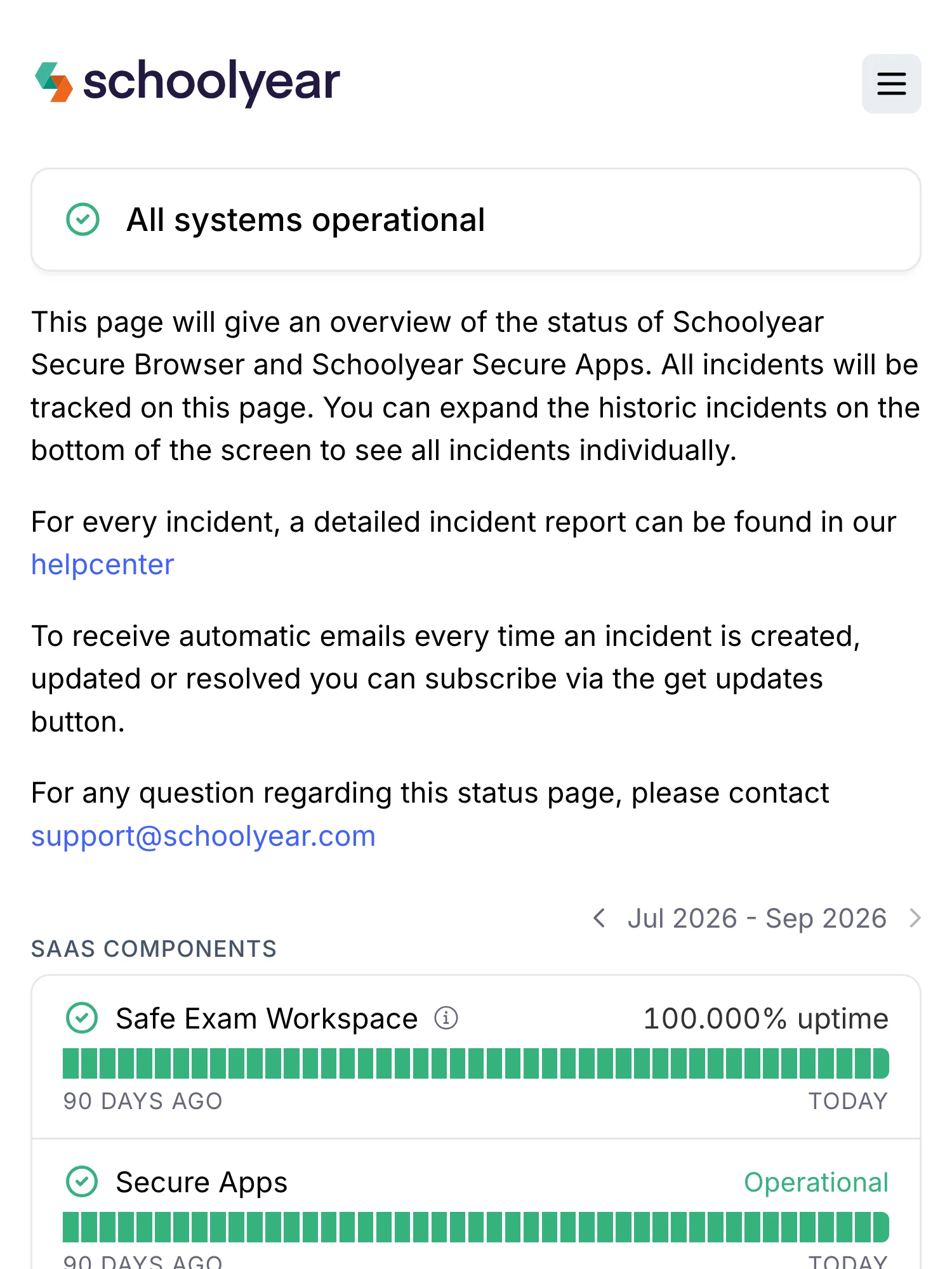 Statusseite von Schoolyear auf Hyperping: alle Systeme betriebsbereit, mit einem Hinweis, wo Incident-Berichte zu finden sind, dann der sicheren Prüfungsumgebung, den sicheren Apps und den Integrationen für Canvas, Brightspace und Moodle.