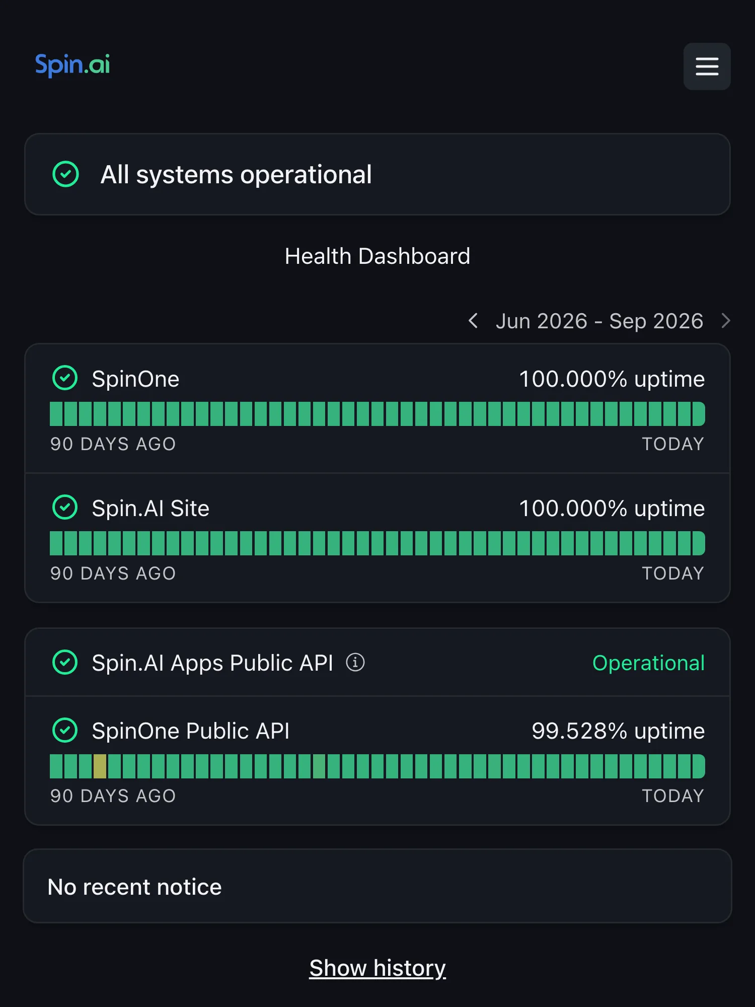 Spin.AI status page on Hyperping: all systems operational, with 90-day uptime for SpinOne, the Spin.AI site and two public APIs.