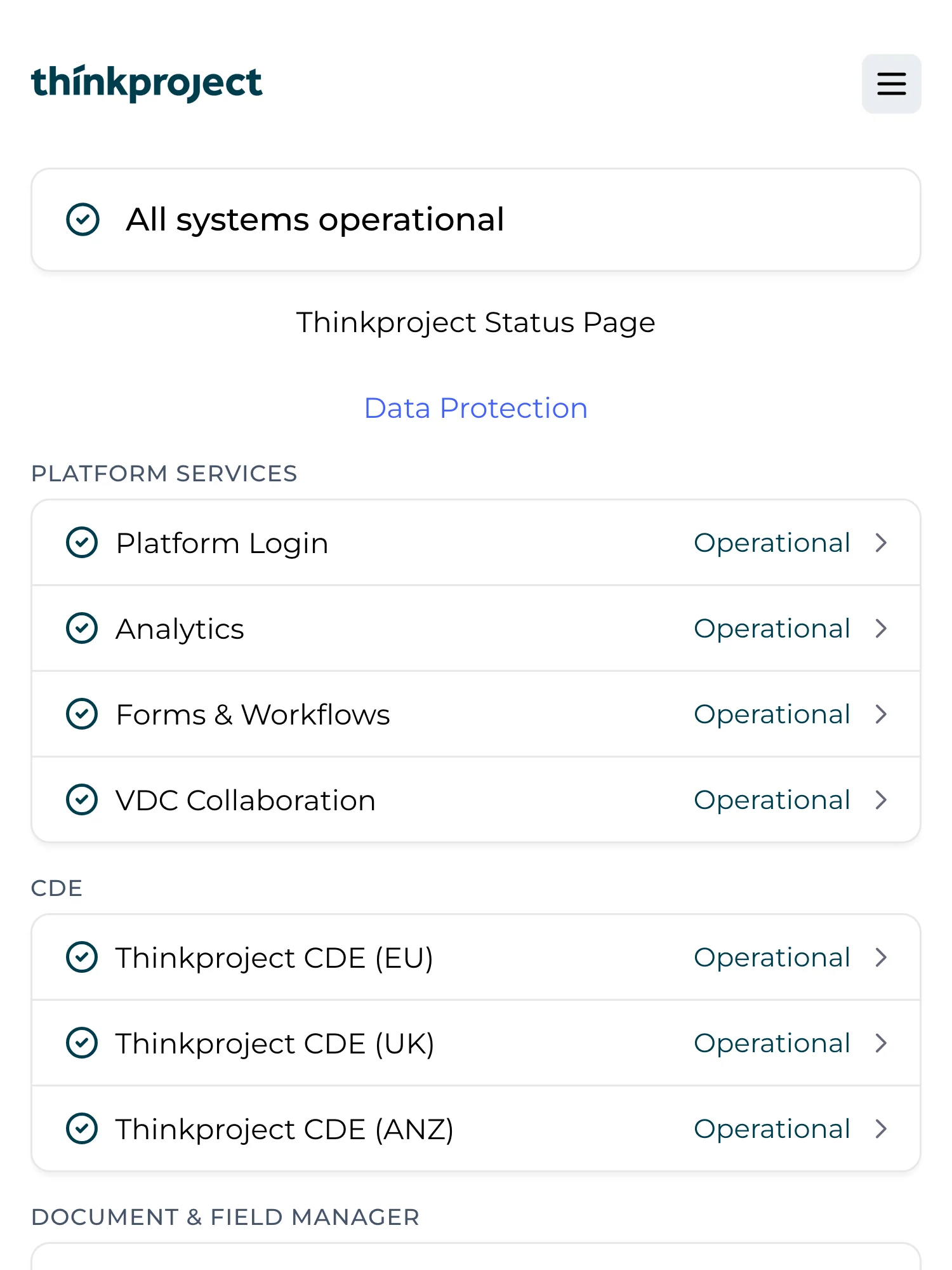 Statusseite von Thinkproject auf Hyperping: alle Systeme in Betrieb, mit einem Link zum Datenschutz, den Plattformdiensten vom Login bis zur VDC-Zusammenarbeit, dann der CDE in der EU, im Vereinigten Königreich sowie in Australien und Neuseeland.