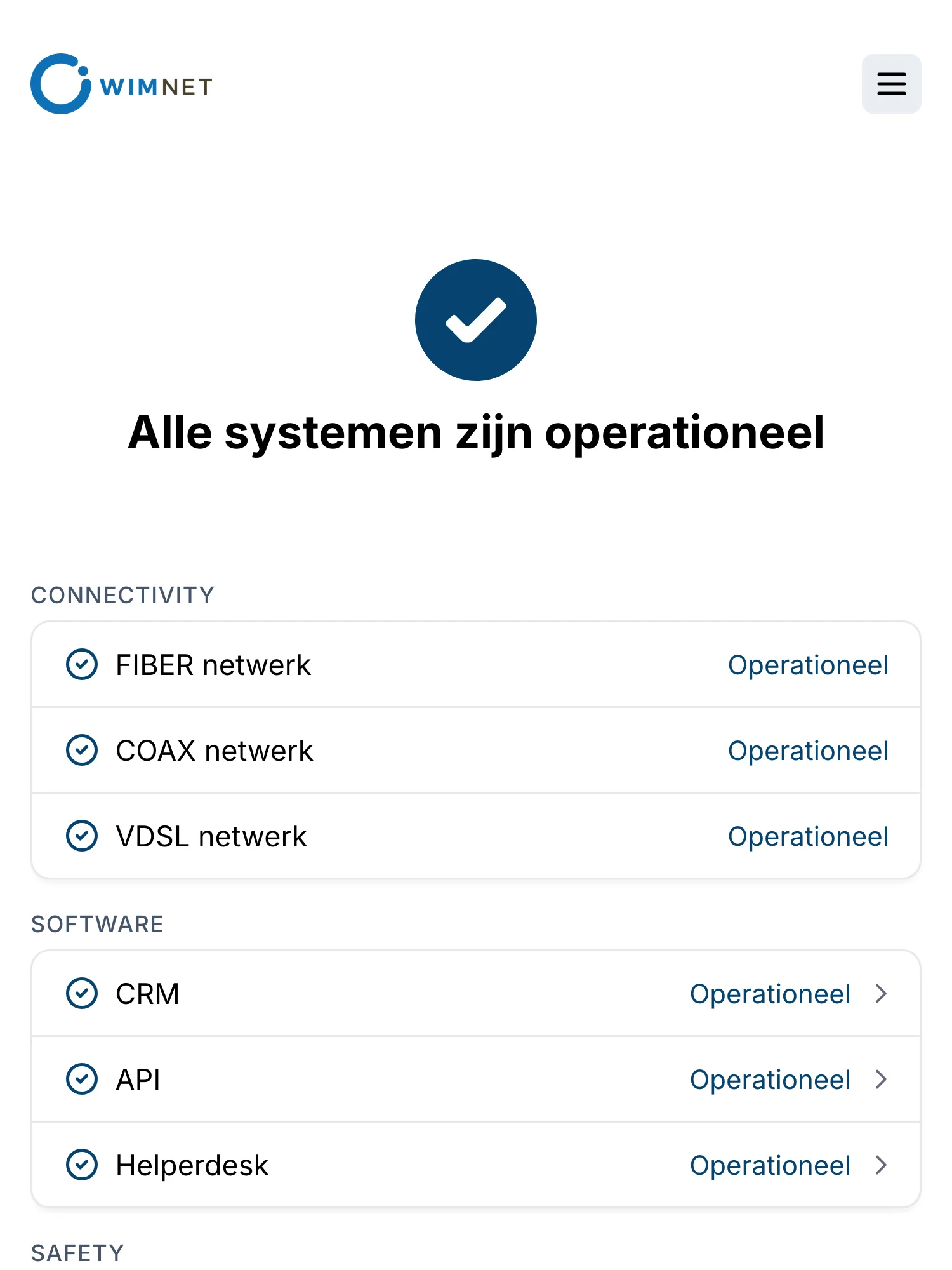 Statusseite von WimNet auf Hyperping, auf Niederländisch: alle Systeme betriebsbereit, mit Glasfaser-, Koax- und VDSL-Netz unter Connectivity, dann CRM, API und Helpdesk unter Software.