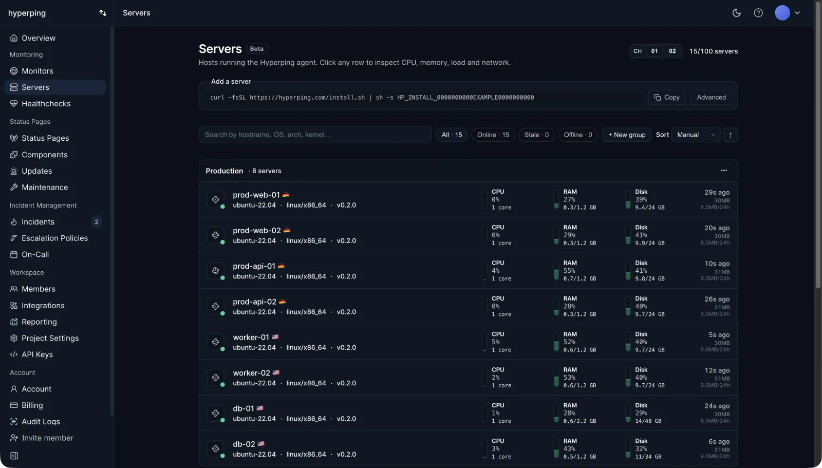 Hyperping Servers list showing the one line install command with Copy and Advanced buttons, status filters for All, Online, Stale and Offline, and a Production group of eight Ubuntu hosts with agent version, CPU, RAM and disk usage and last seen times