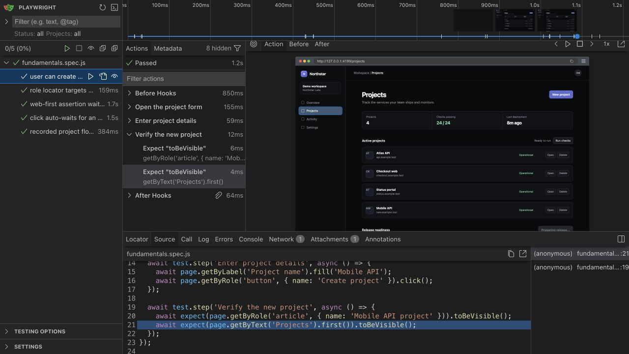 Playwright UI Mode showing a passing project test, its named steps, source code, and browser snapshot.
