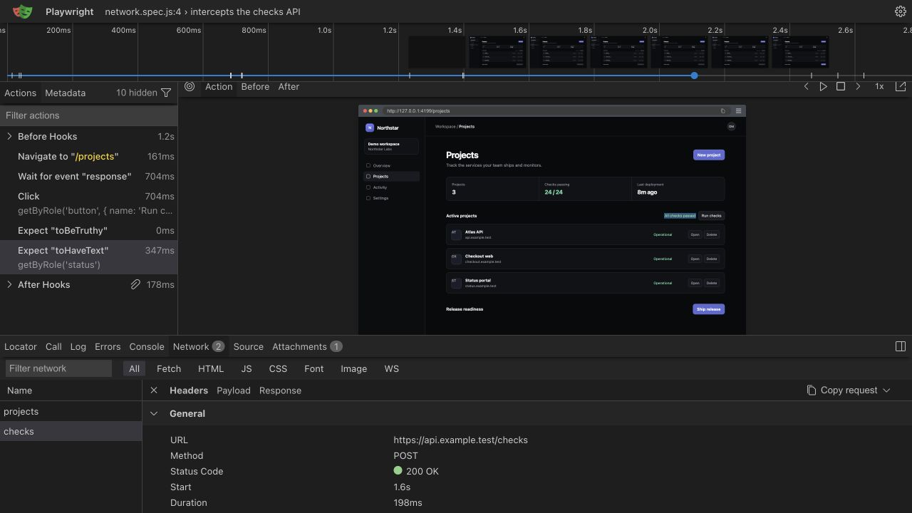 A real Playwright Trace Viewer showing an intercepted checks request with a successful response in the Network panel.