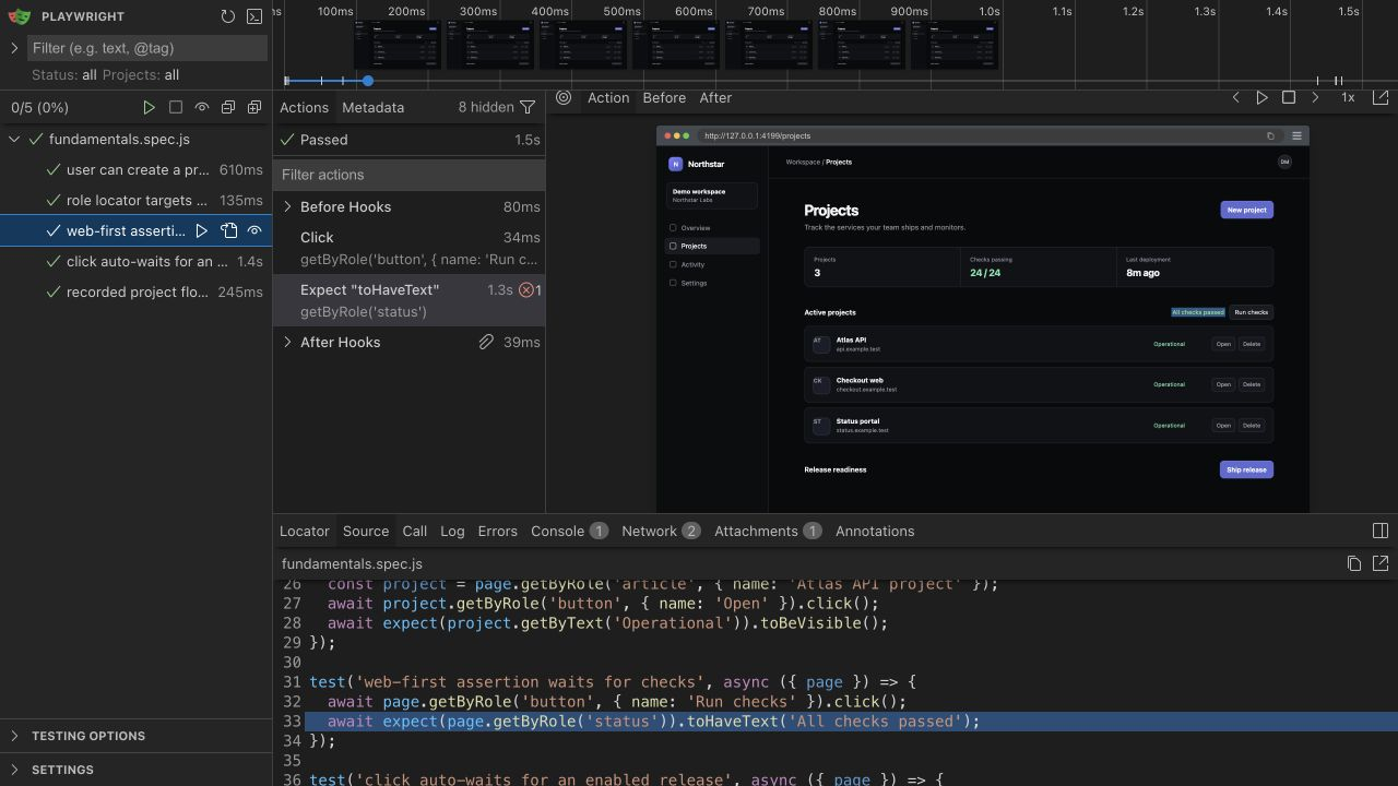 A real Playwright UI Mode run against a deterministic local demo, with a passing test, its actions, and the browser snapshot visible.