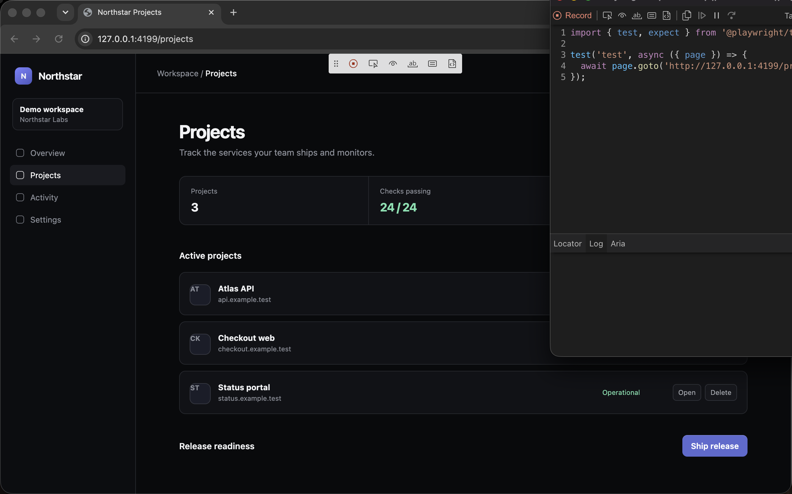 Playwright Codegen with a fictional projects page and the Inspector recording generated test code side by side.