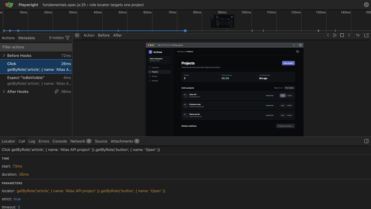 Playwright Trace Viewer with a composed getByRole locator selecting the Open button inside the Atlas API project card.