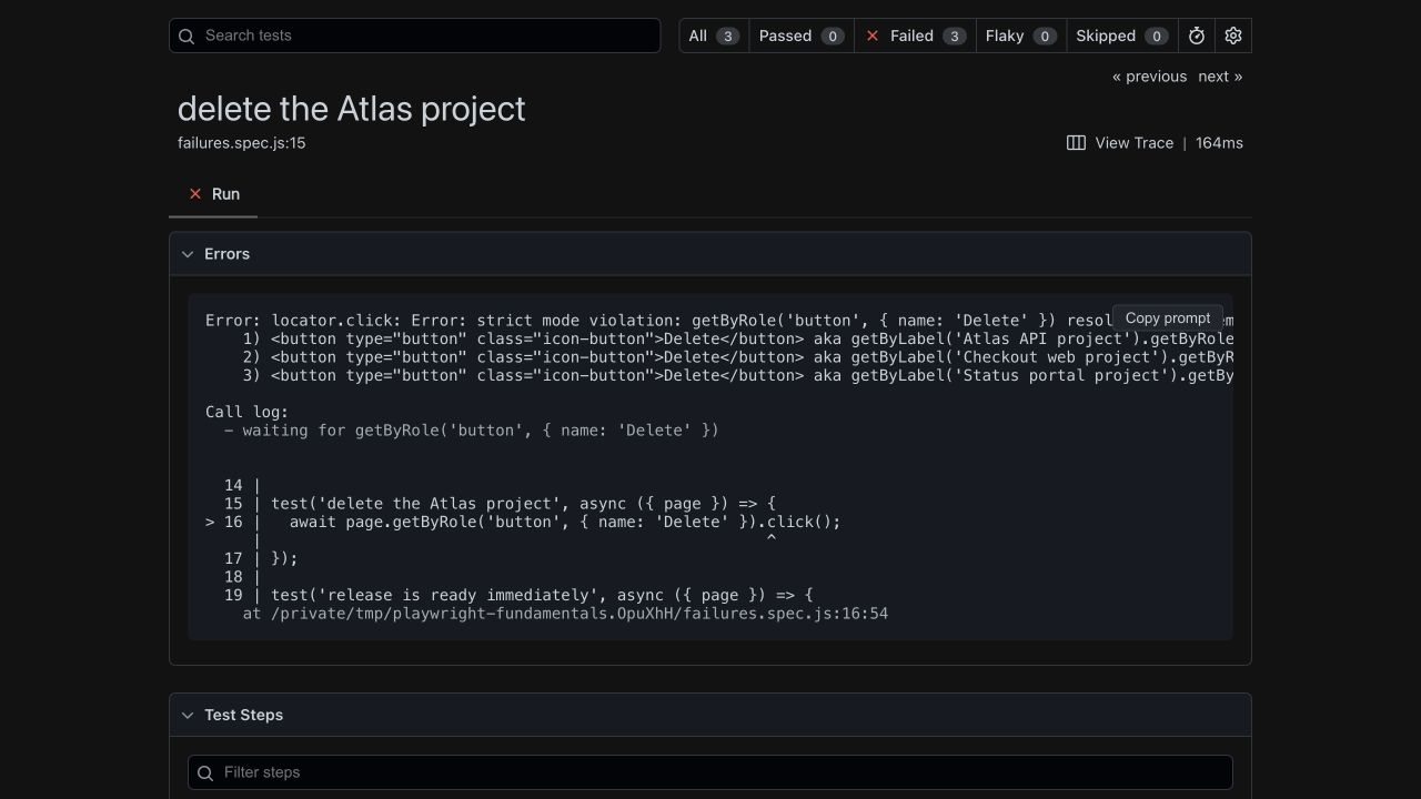 Playwright HTML report showing a strict mode violation because the Delete locator resolved to three project buttons.