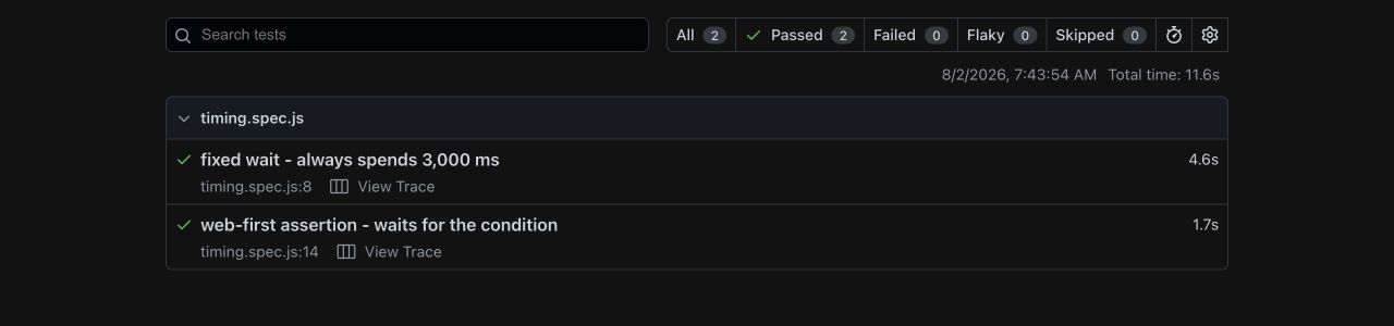 A real Playwright HTML report comparing a three-second fixed wait with a faster web-first assertion against the same local demo.
