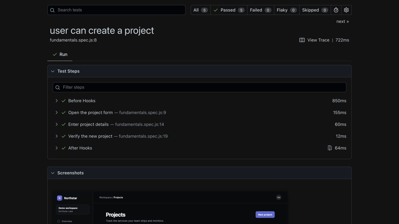 Playwright HTML report showing a passing project test organized into named steps with timings.