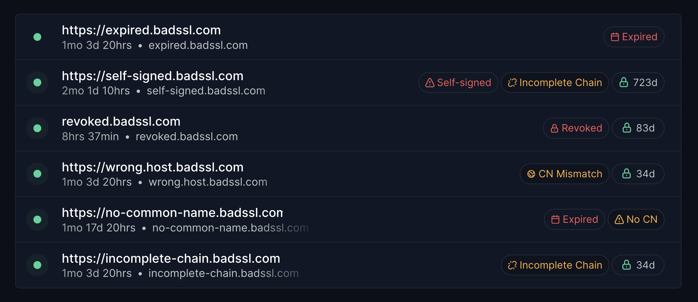 SSL certificate monitoring with visible errors and warnings