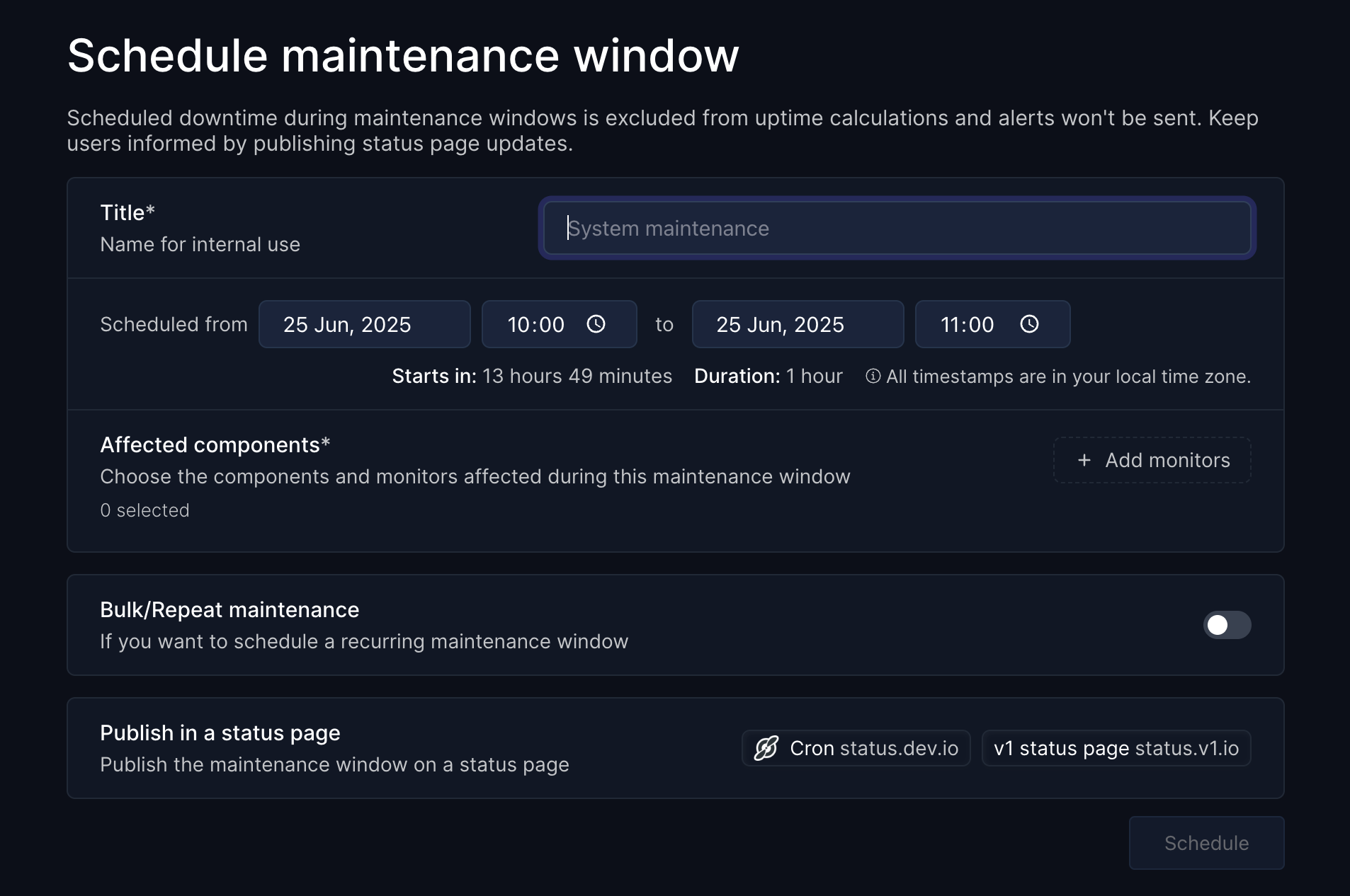 Maintenance schedule preview showing recurring windows