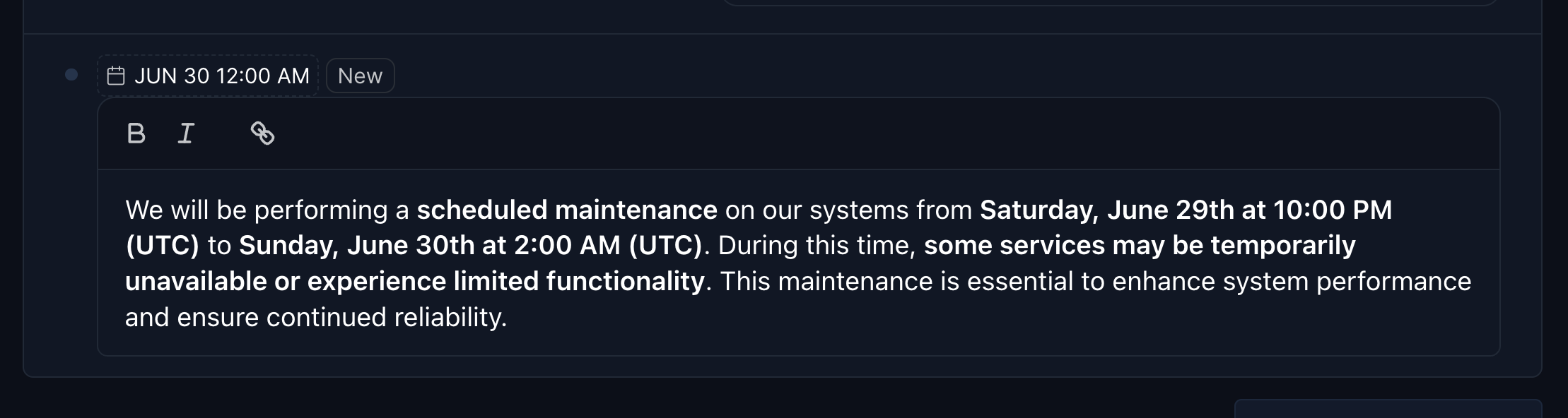 Rich text editor with formatting options for maintenance descriptions