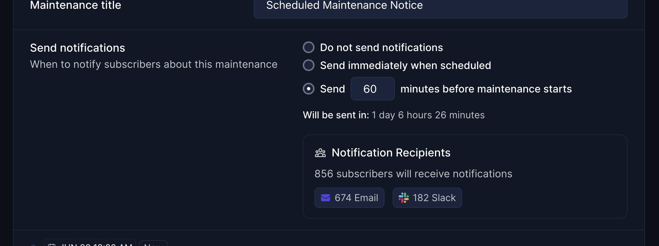 Maintenance window notification settings with timing options