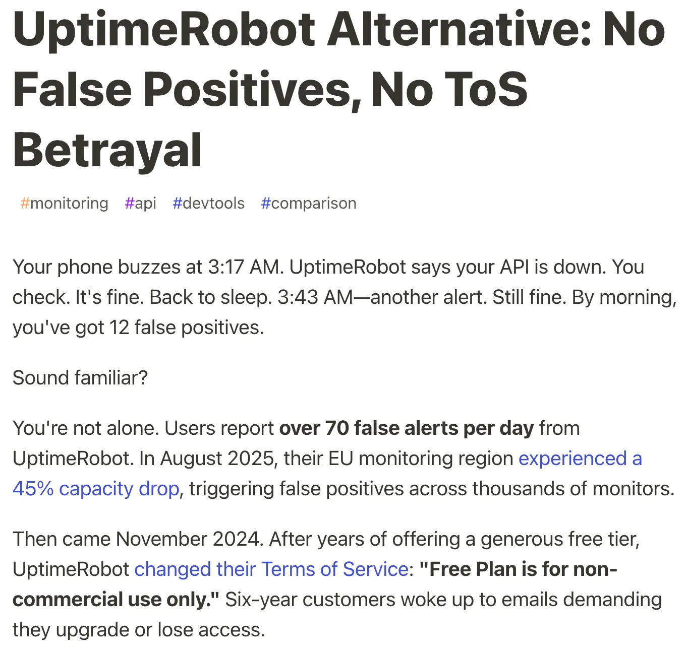 UptimeRobot review on dev.to