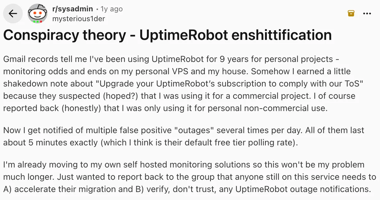 UptimeRobot review on Reddit