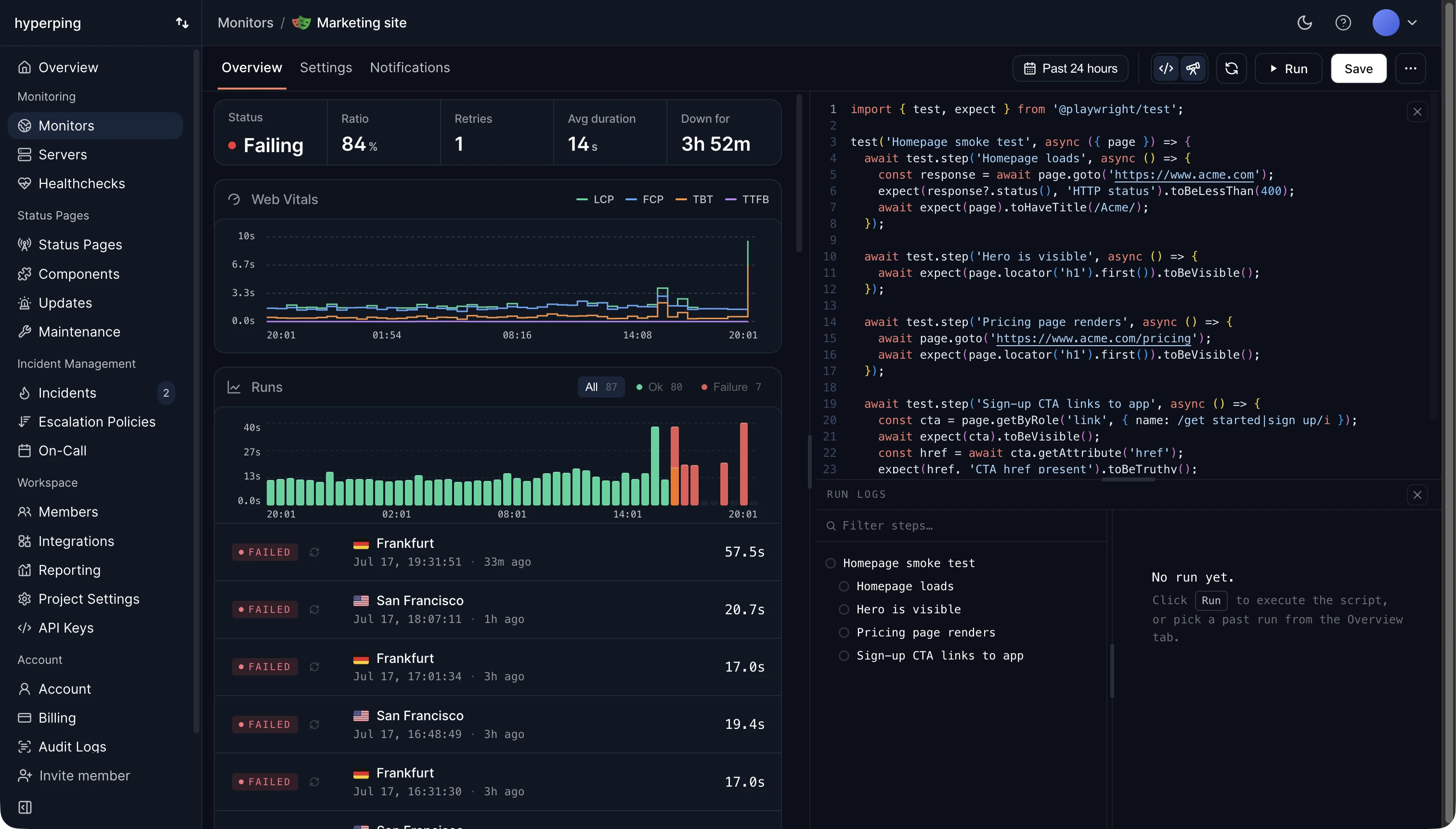 Browser Check overview with the Playwright editor, Web Vitals chart, and run logs