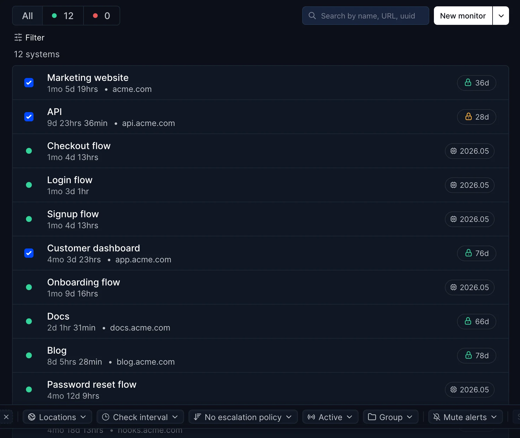 Three monitors ticked in the list, with the bulk edit toolbar below