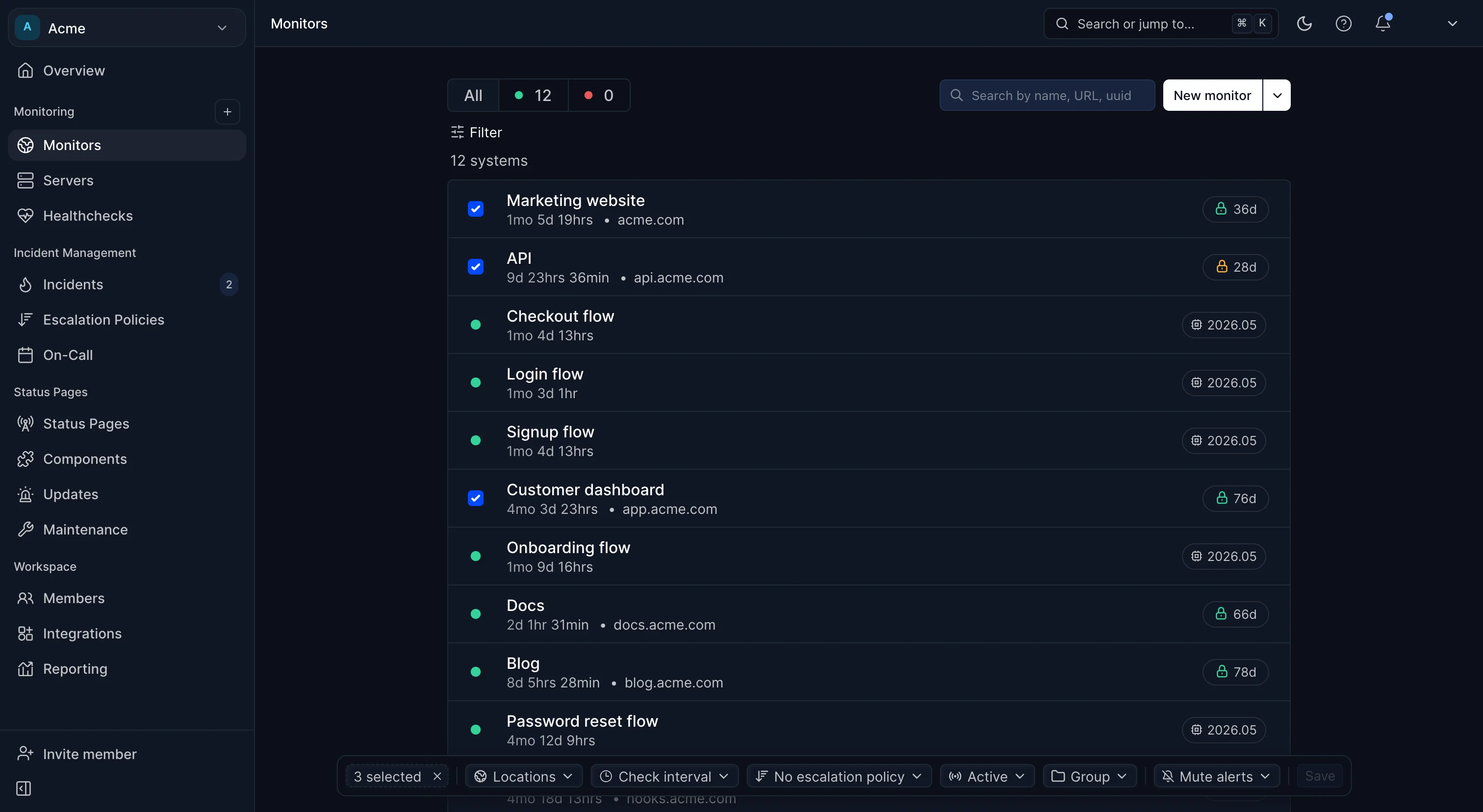 Monitors list with three monitors selected and the bulk edit toolbar at the bottom