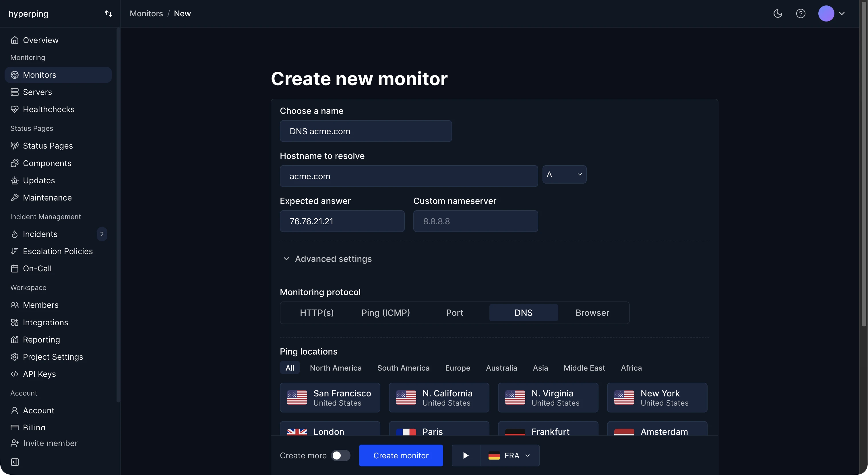 The create monitor form in DNS mode with hostname, record type, and expected answer