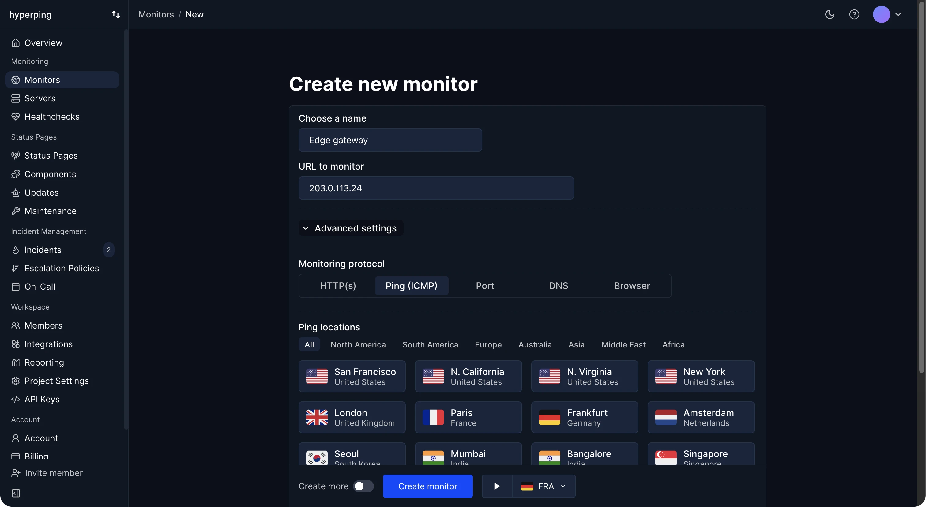 The create monitor form in ping mode with an IP address and regions