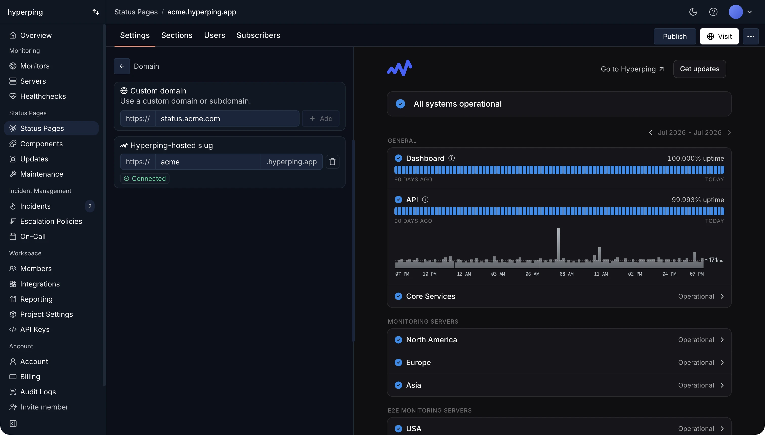 Domain panel in the status page settings, with a custom domain and a Hyperping-hosted slug