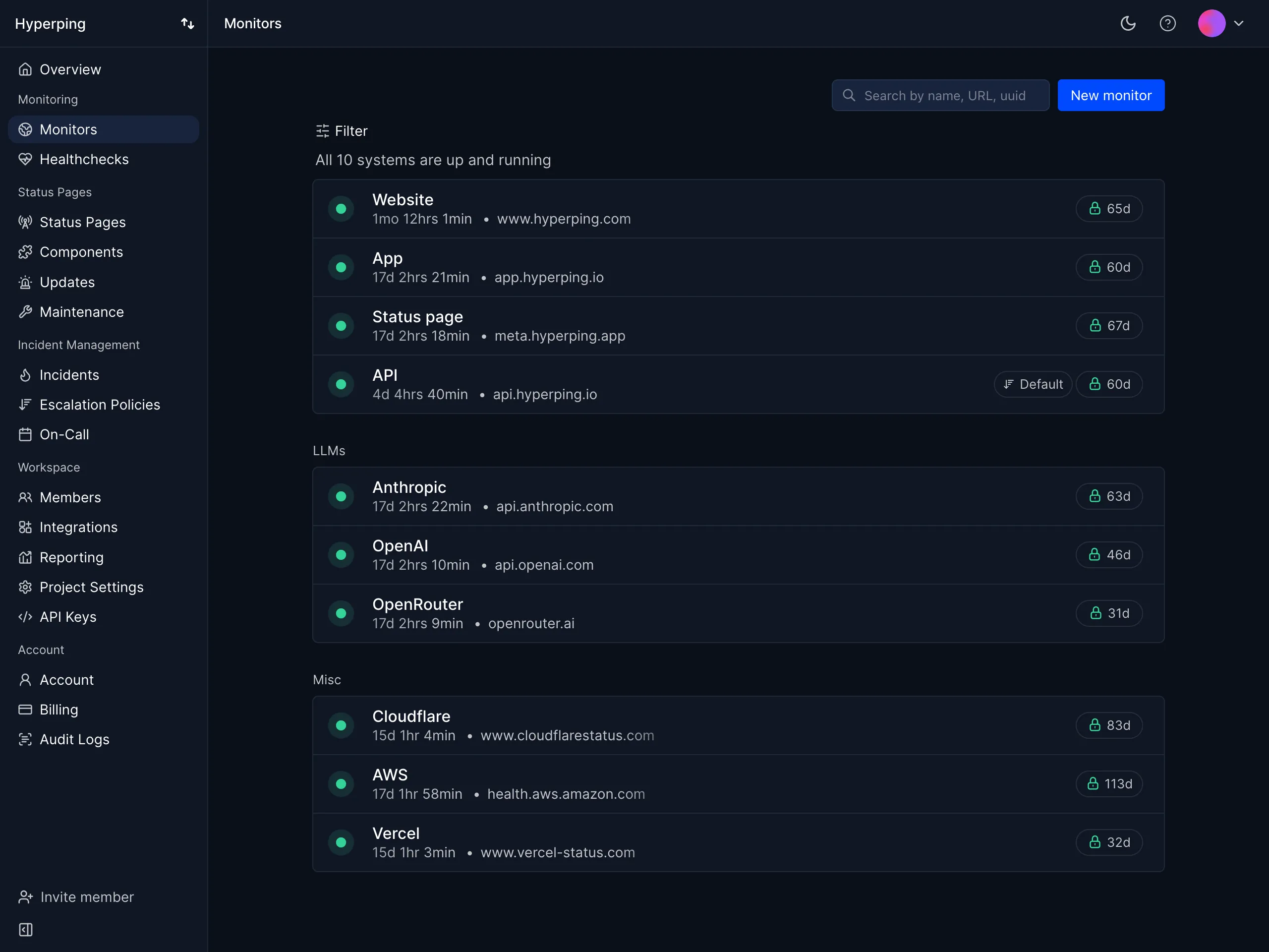 Hyperping dashboard interface