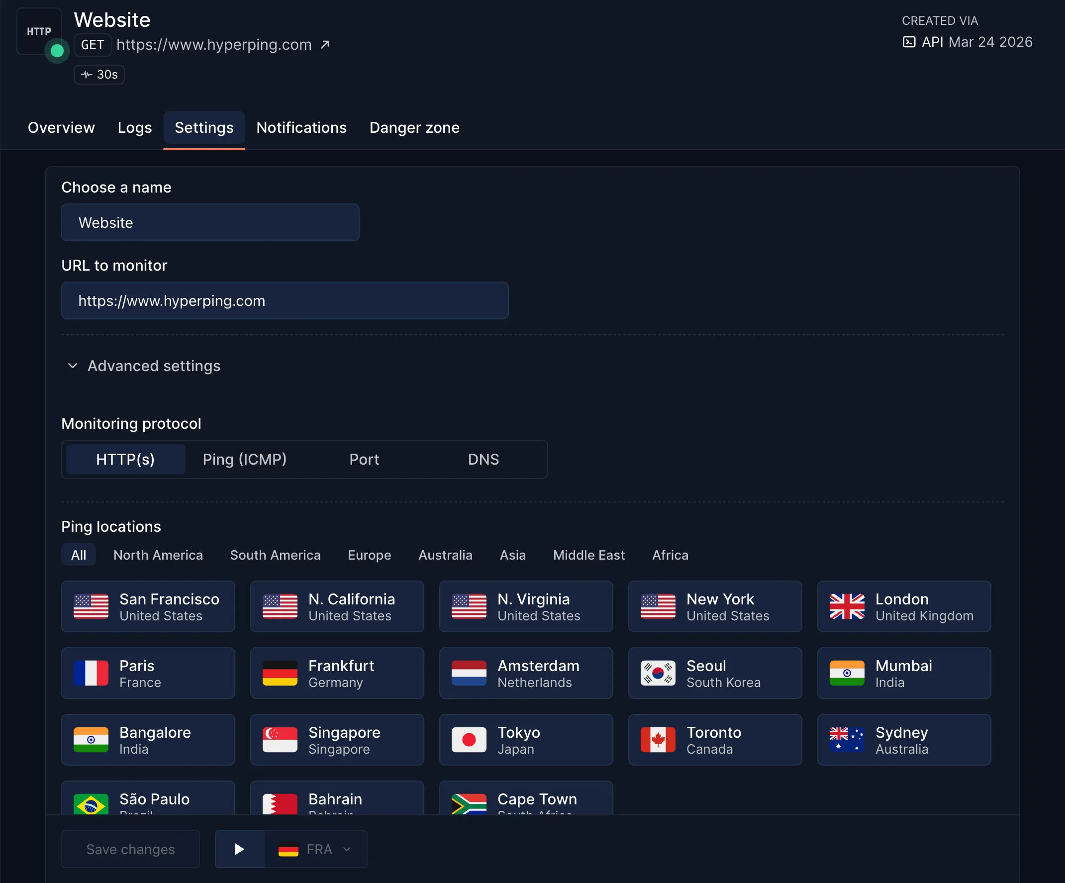 Edit monitor interface in the Settings tab