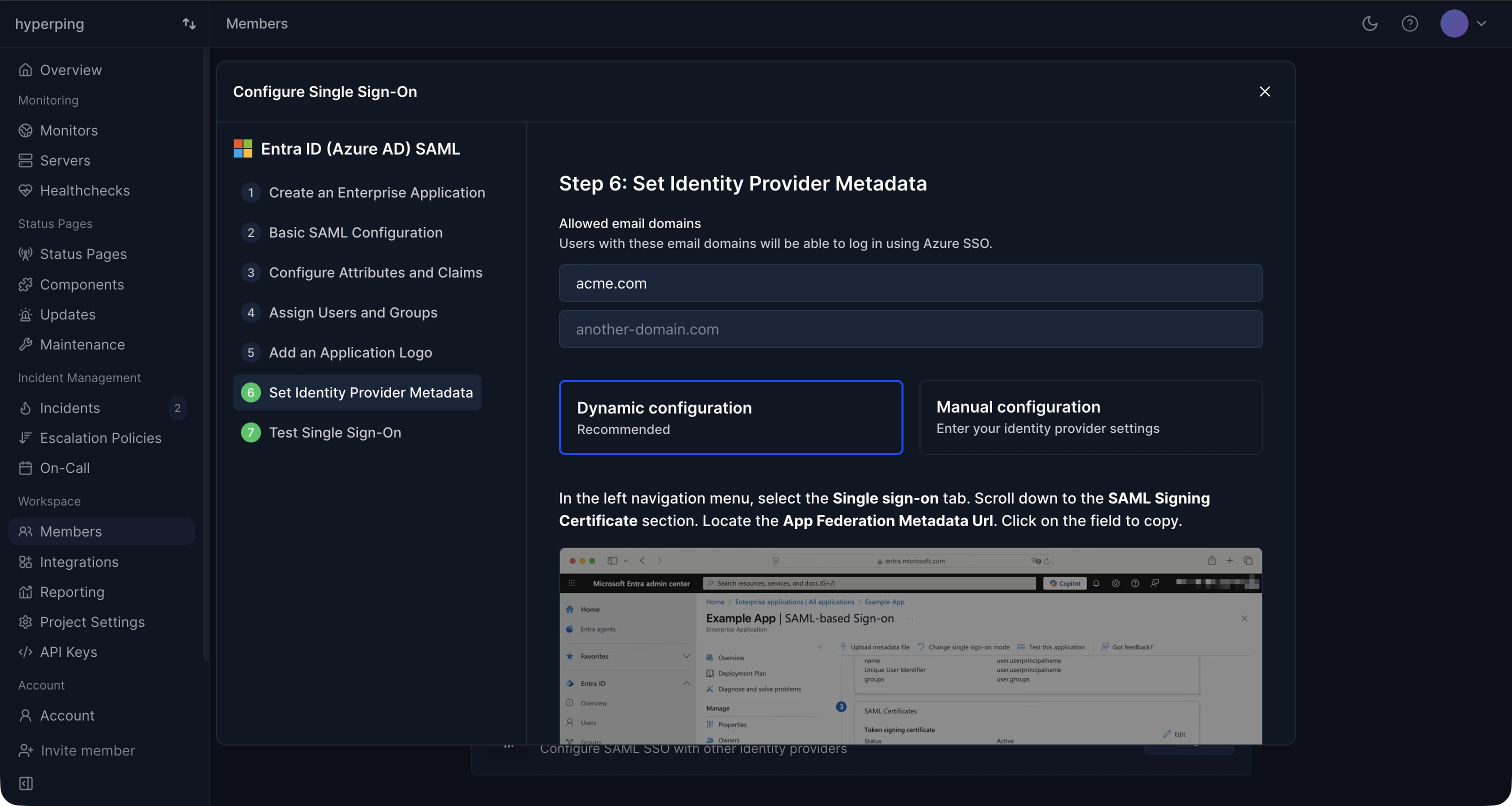 Entra ID wizard metadata step with allowed domains and configuration modes
