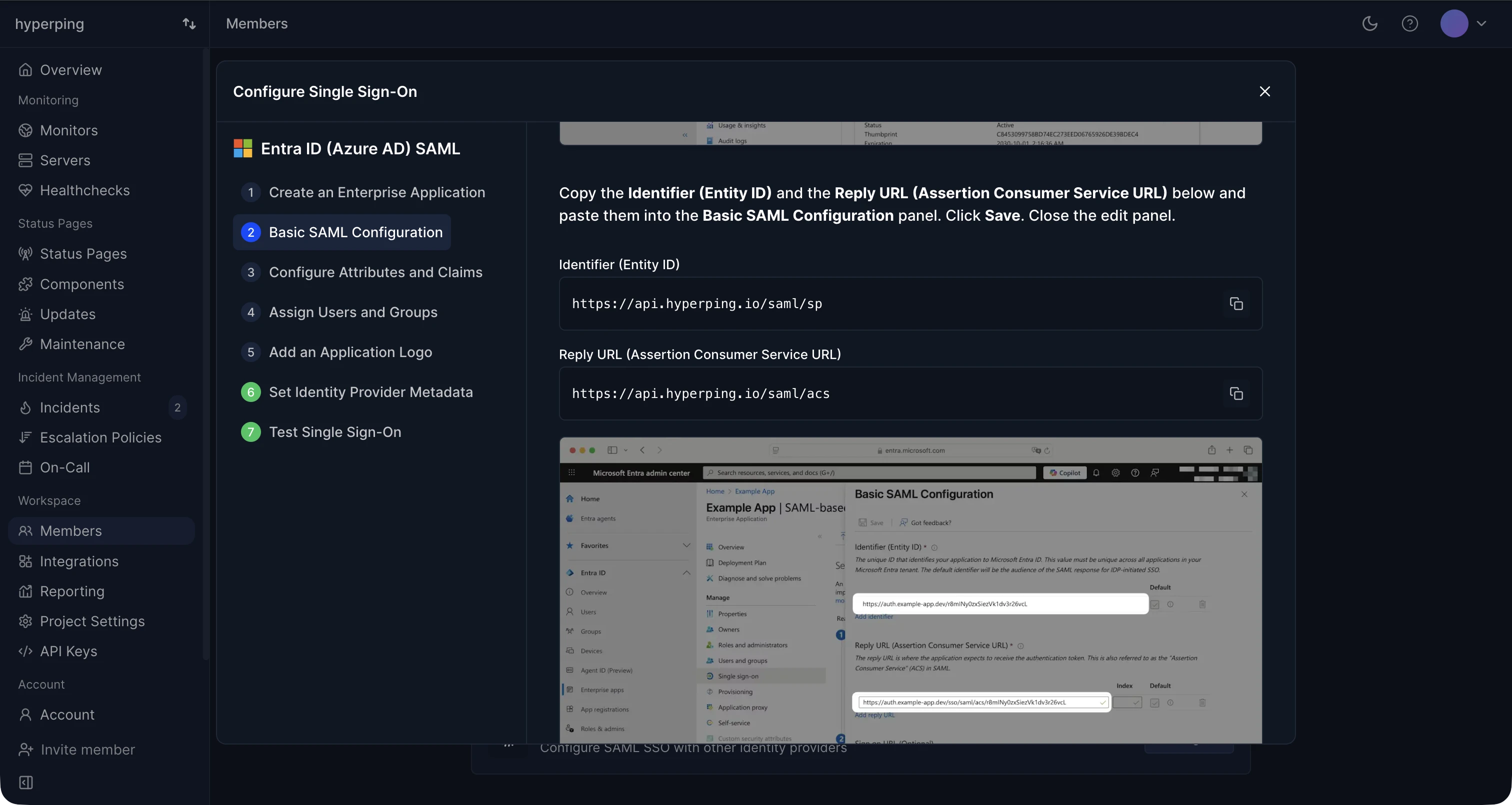 Entra ID wizard showing the identifier and reply URL to copy