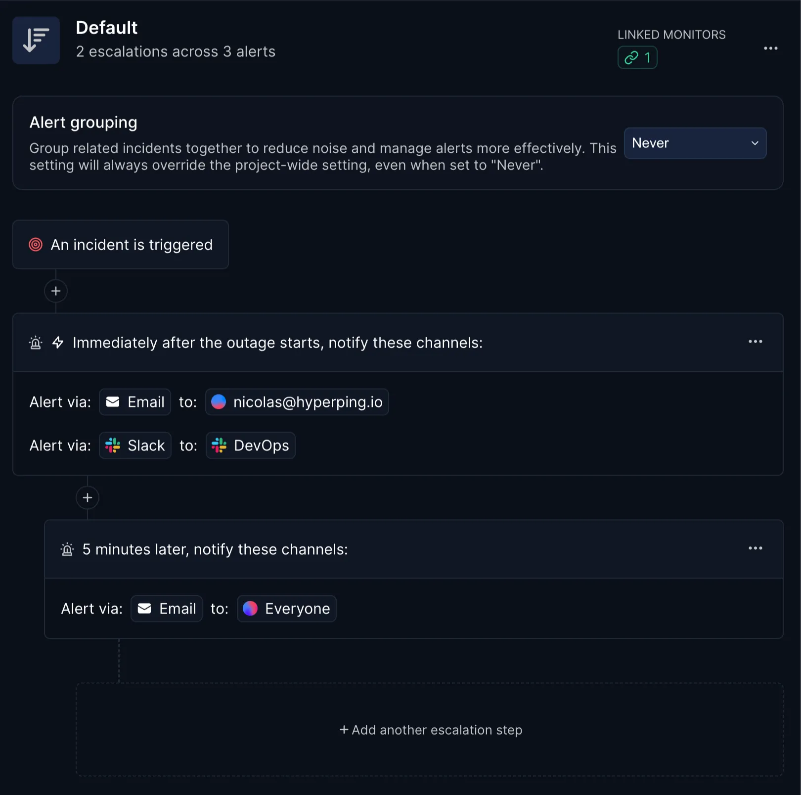 Escalation policies interface showing steps and notification channels