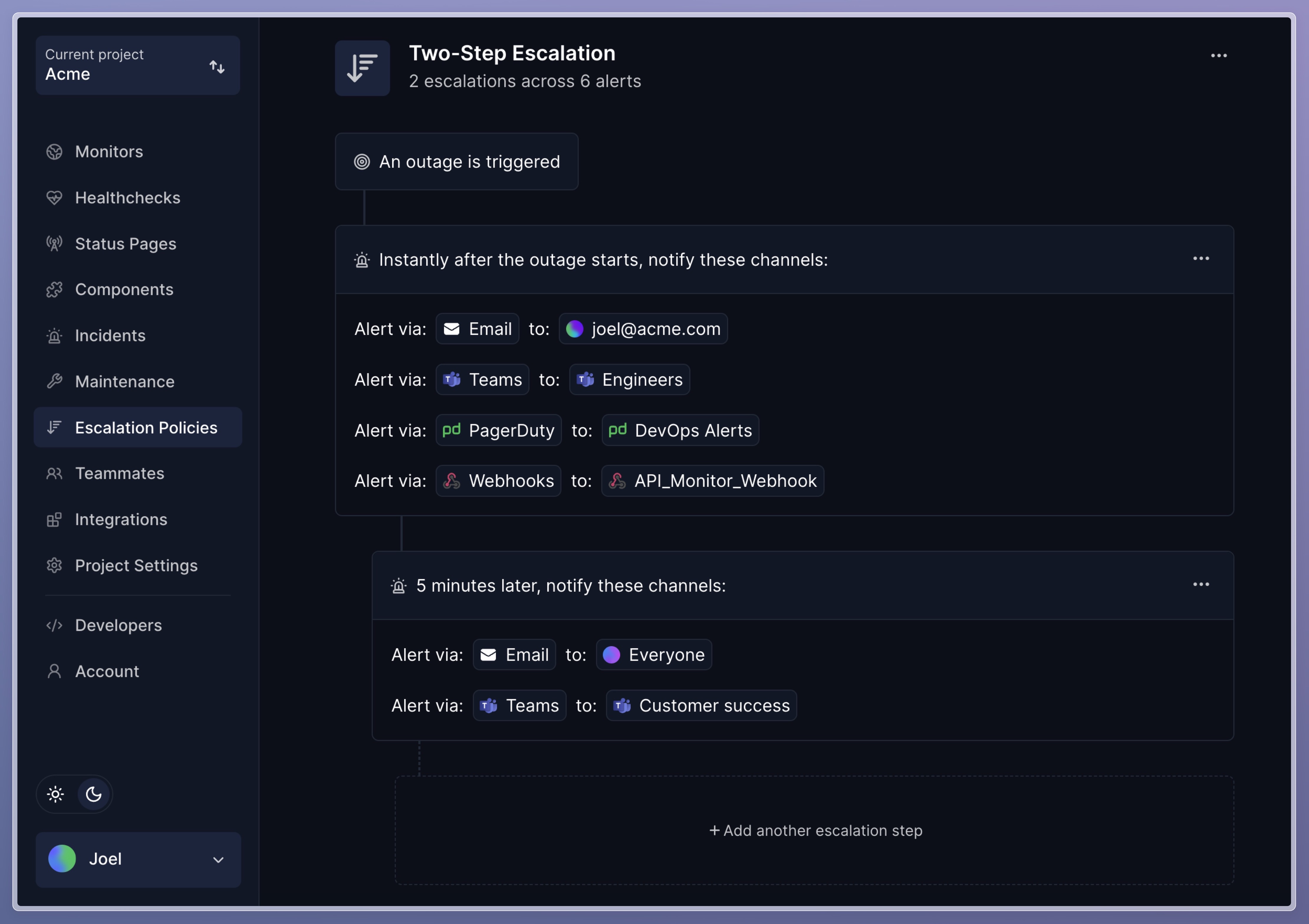 Hyperping escalation policy with timed notification steps