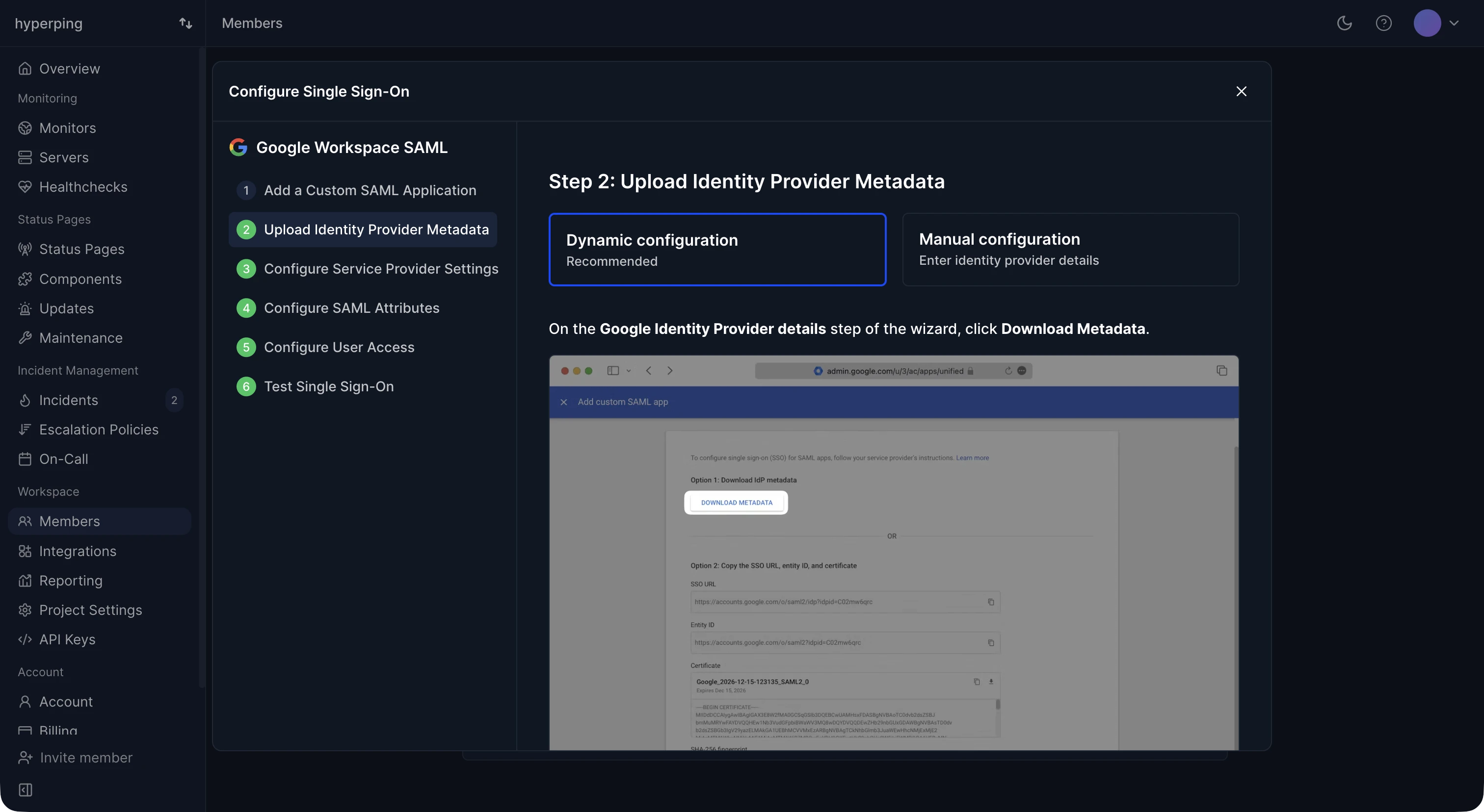Google Workspace wizard metadata upload step