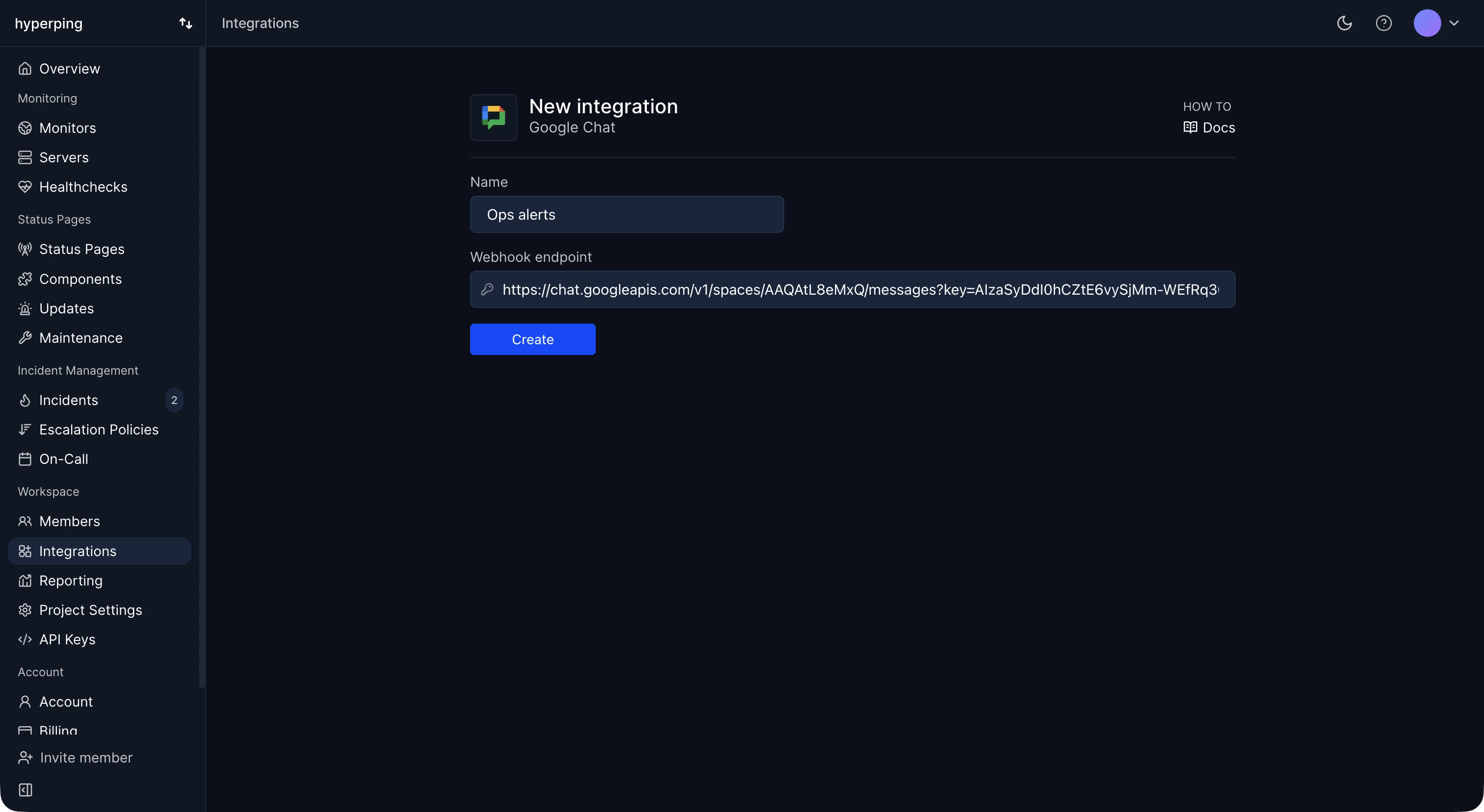 The new Google Chat integration form with name and webhook endpoint fields