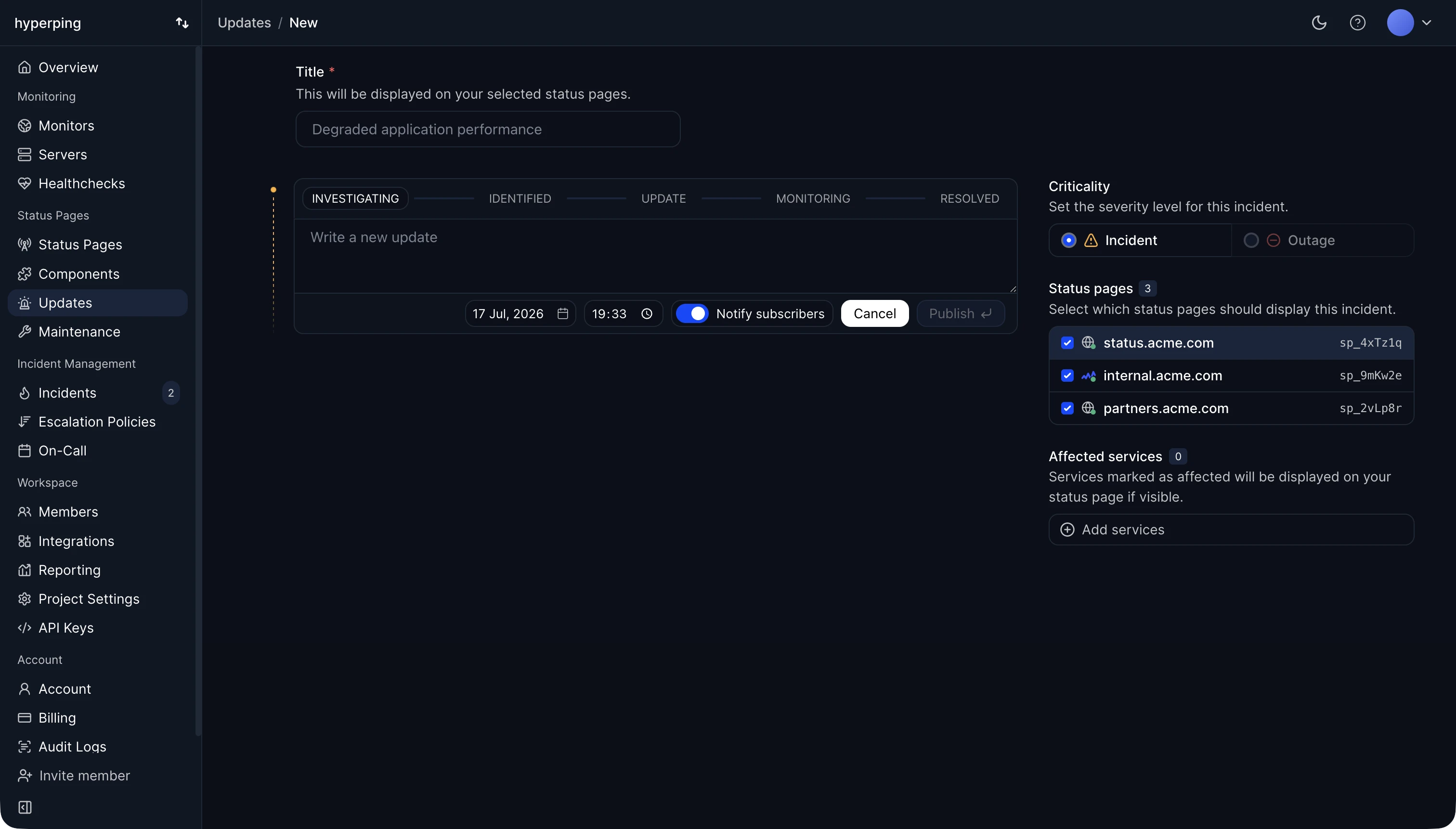New incident composer in the Hyperping dashboard