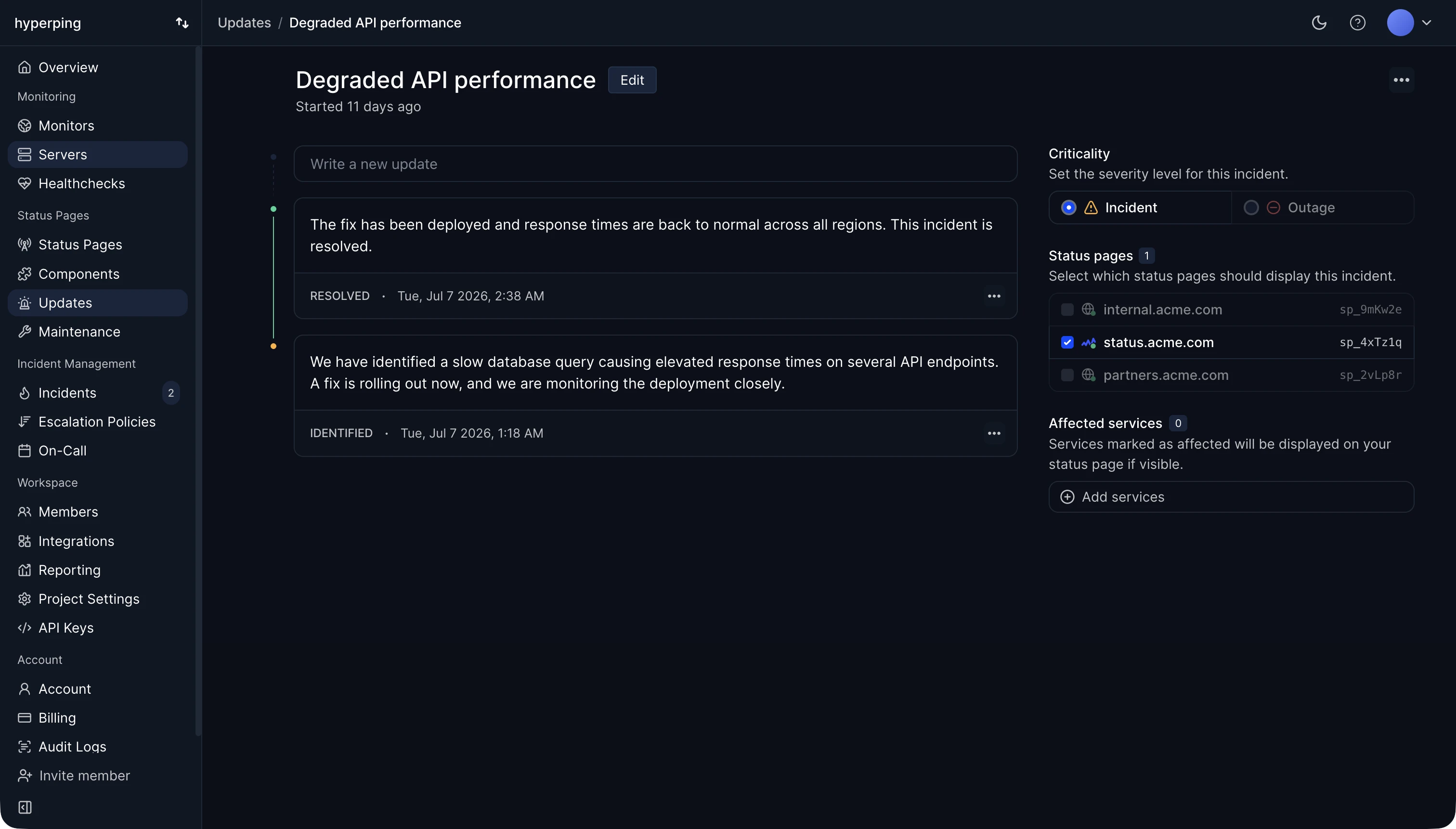 Incident timeline with identified and resolved updates