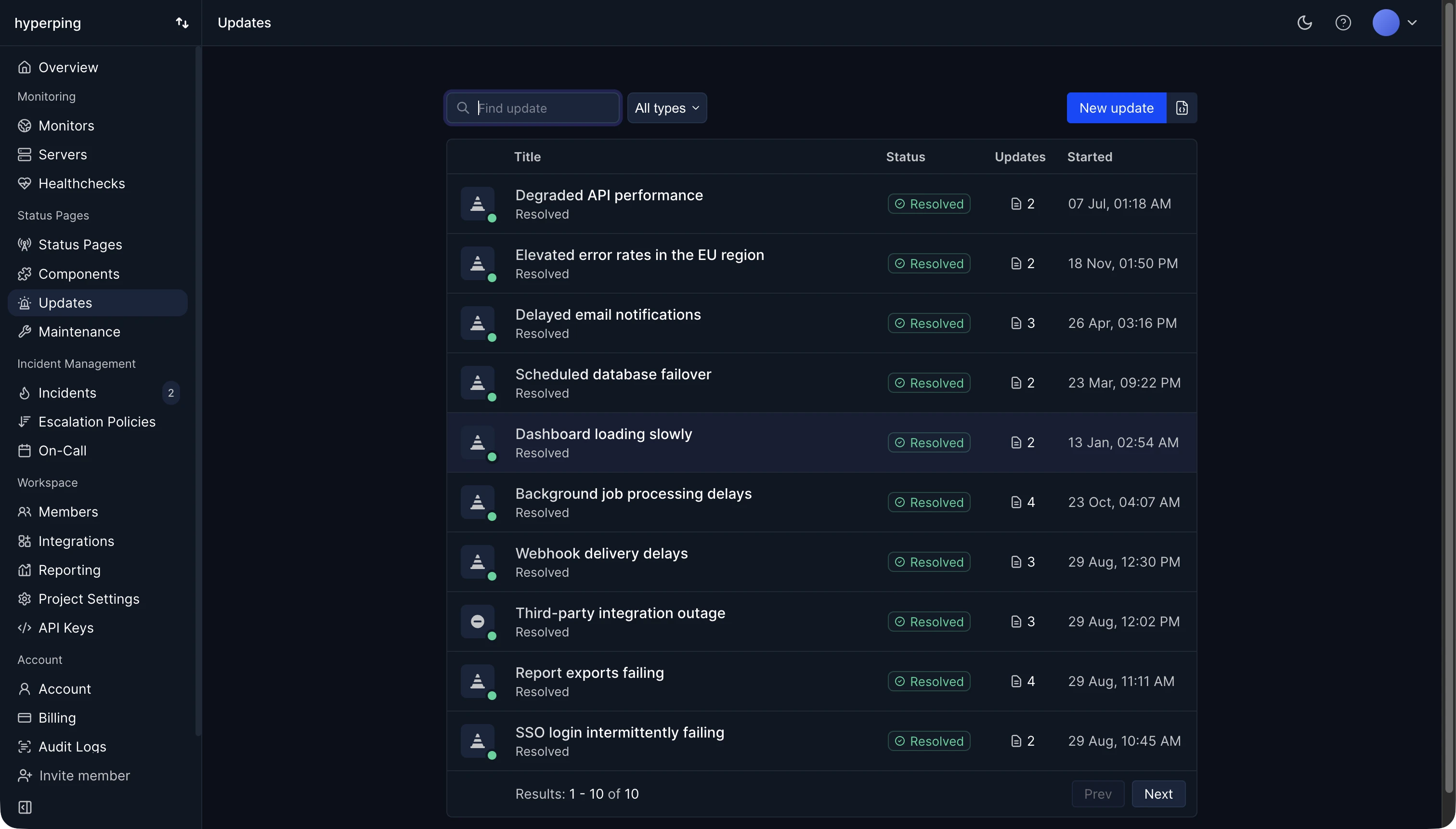 Updates list in the Hyperping dashboard