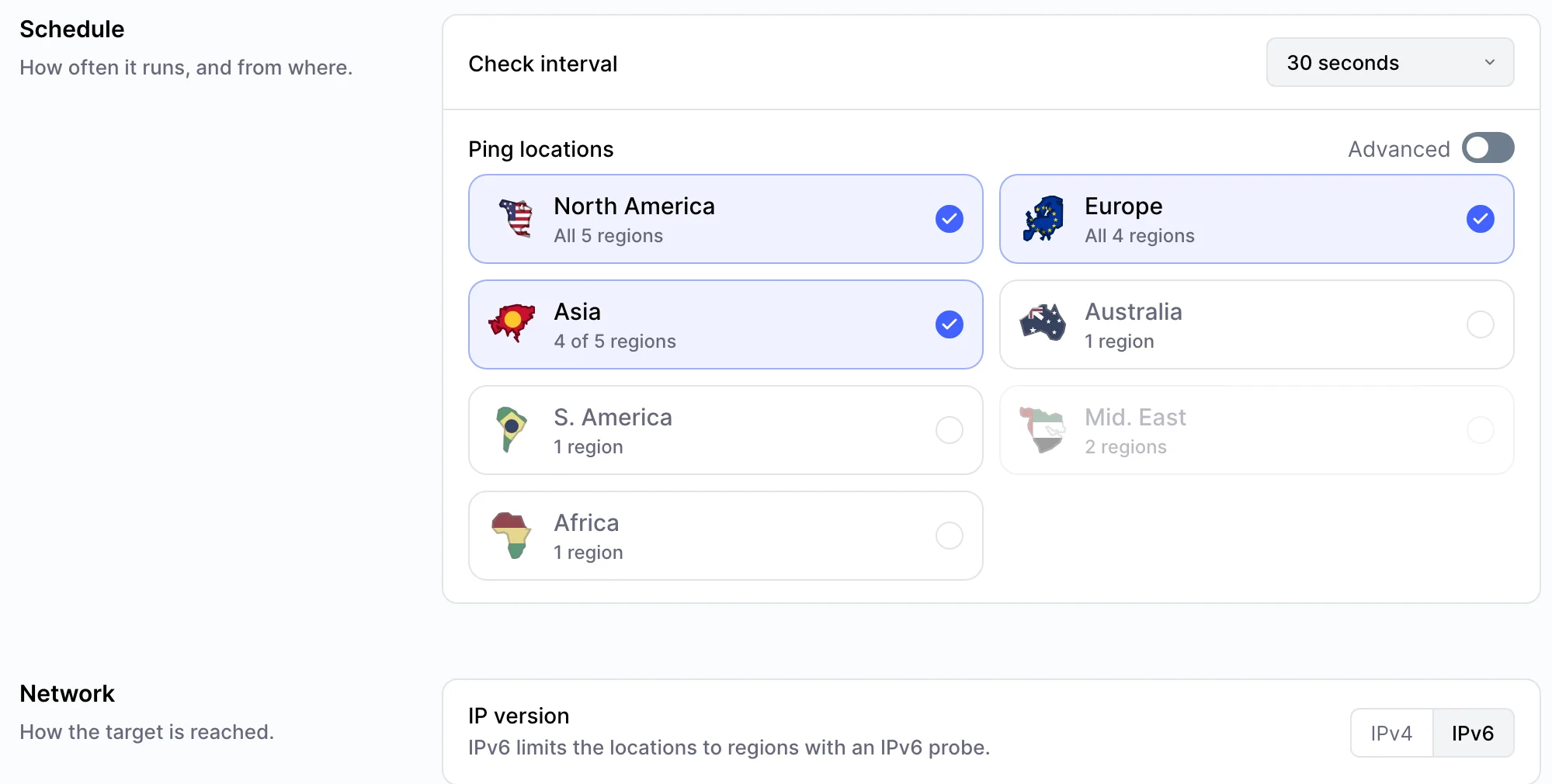 IP version setting set to IPv6, with the Middle East region greyed out