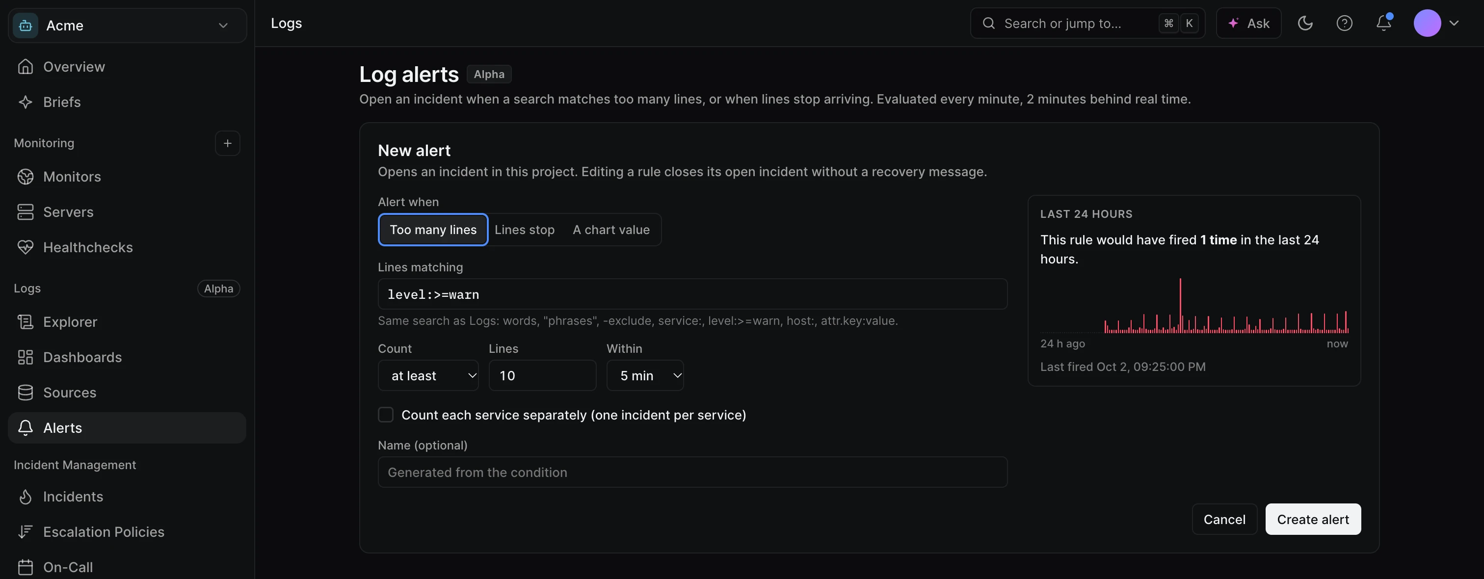 New alert form with Too many lines selected, the search level:>=error service:checkout, at least 10 lines within 5 minutes, the name Checkout errors, and a Last 24 hours preview chart