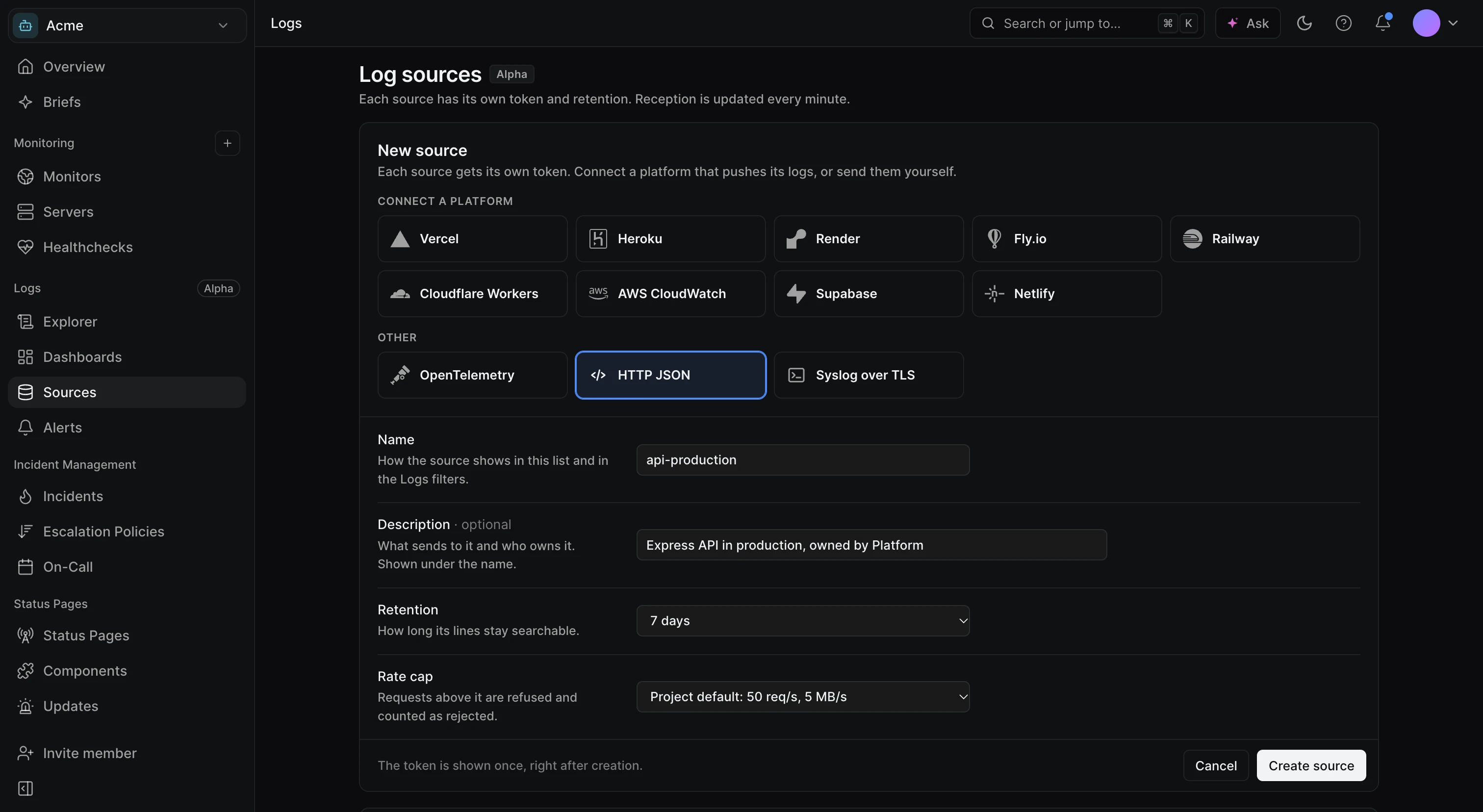 New source form with a grid of platforms (Vercel, Heroku, Render, Fly.io, Railway, Cloudflare Workers, AWS CloudWatch, Supabase, Netlify), protocols (OpenTelemetry, HTTP JSON, Syslog over TLS) and fields for name, description, retention and rate cap