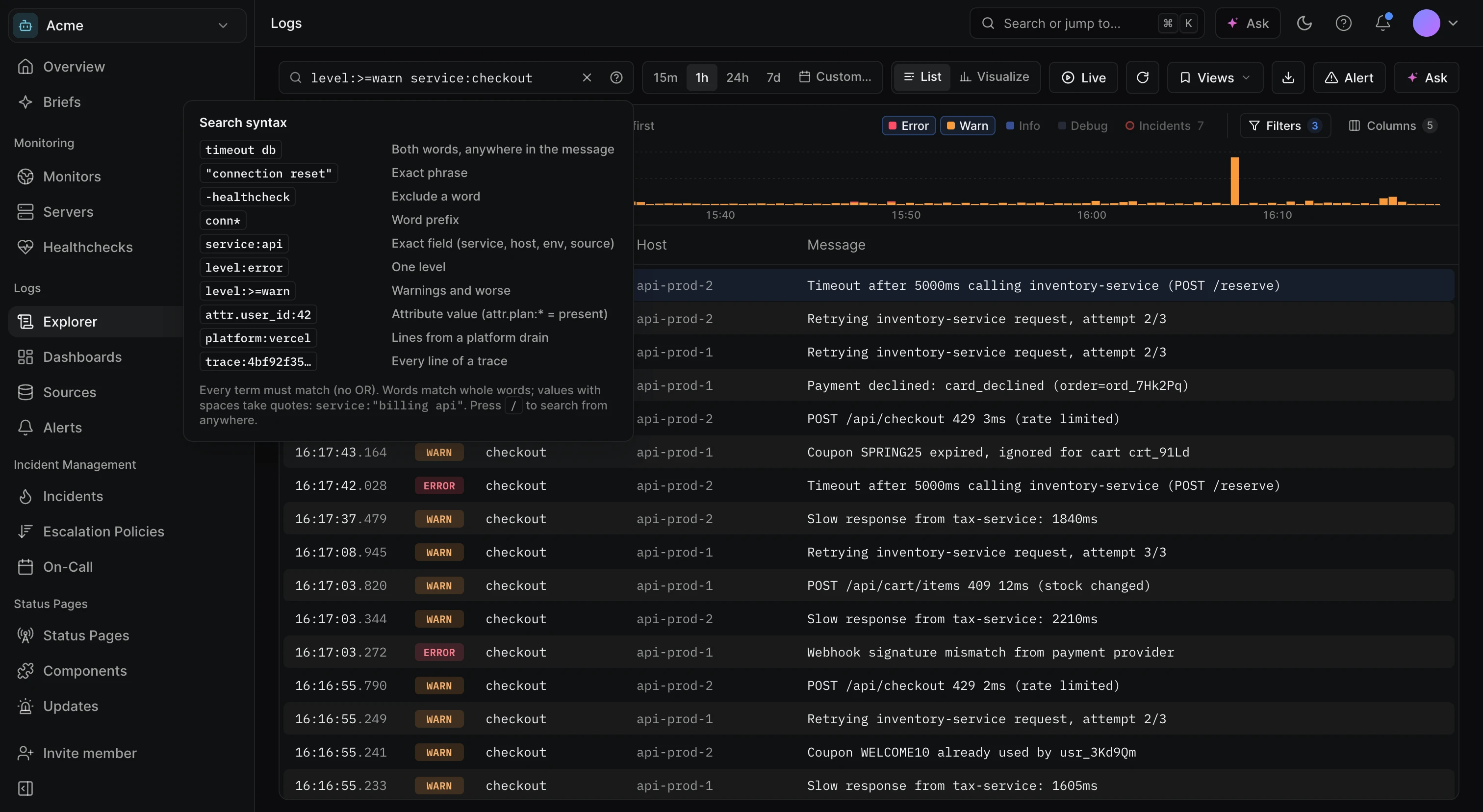 Search syntax popover listing examples such as timeout db, quoted phrases, -healthcheck, service:api and level:>=warn, above a list of checkout warnings and errors